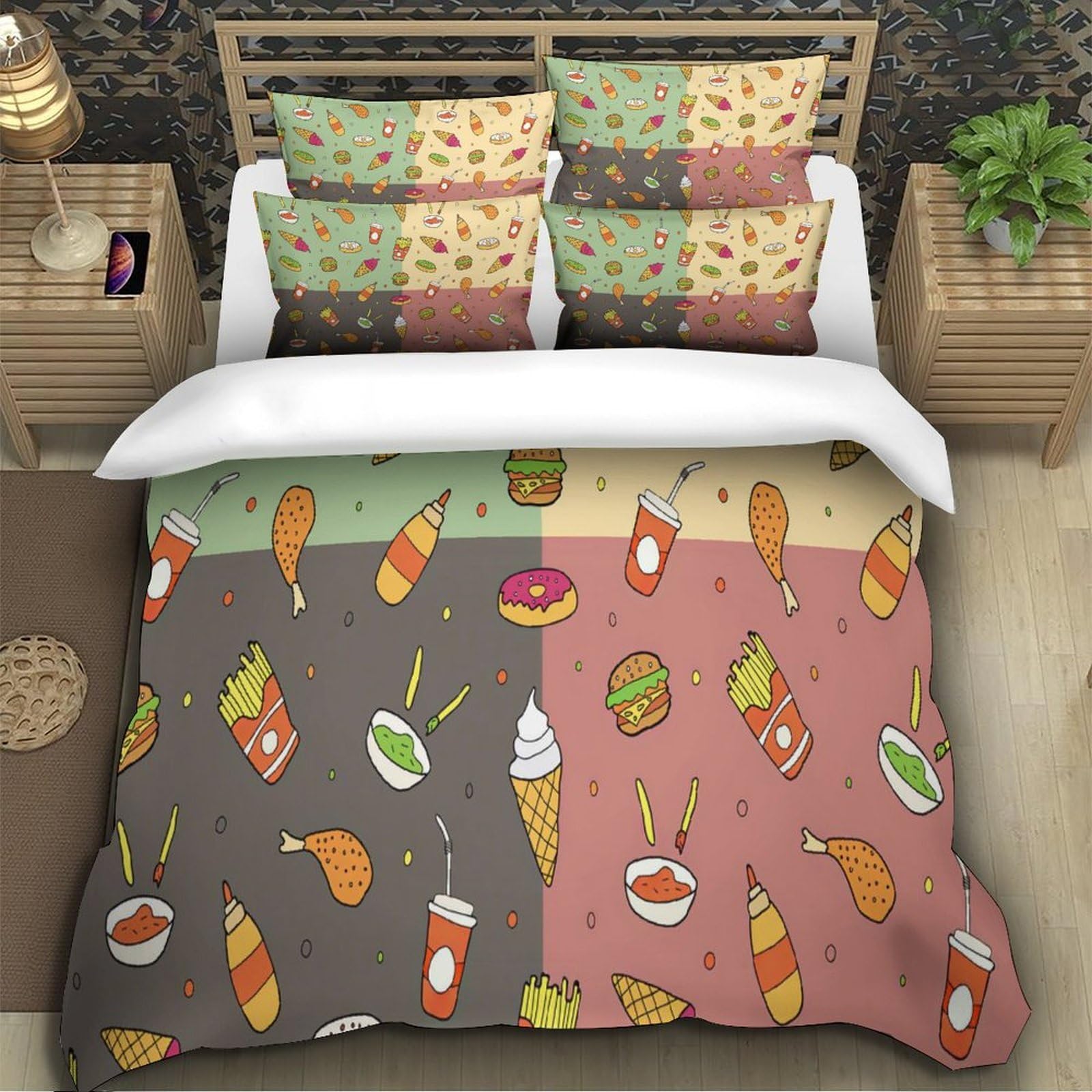 Juego de Funda Nórdica 3D Impresa Snacks Coloridos, Microfibra Suave Transpirable para Dormitorio Adultos Jóvenes Super King（260x220cm）