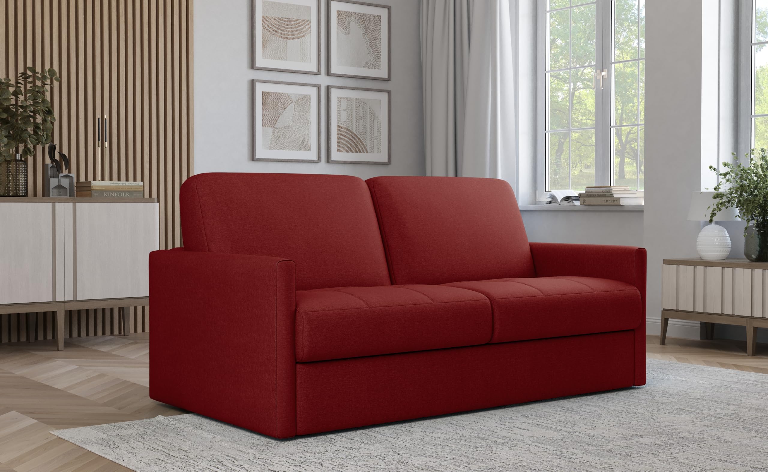Divano Letto BRUNO 3 Posti Struttura in Metallo e Legno Imbottitura in Gomma di Poliuretano Rivestimento in Tessuto Rete Elettrosaldata ad Apertura Rapida Colore: Bordeaux