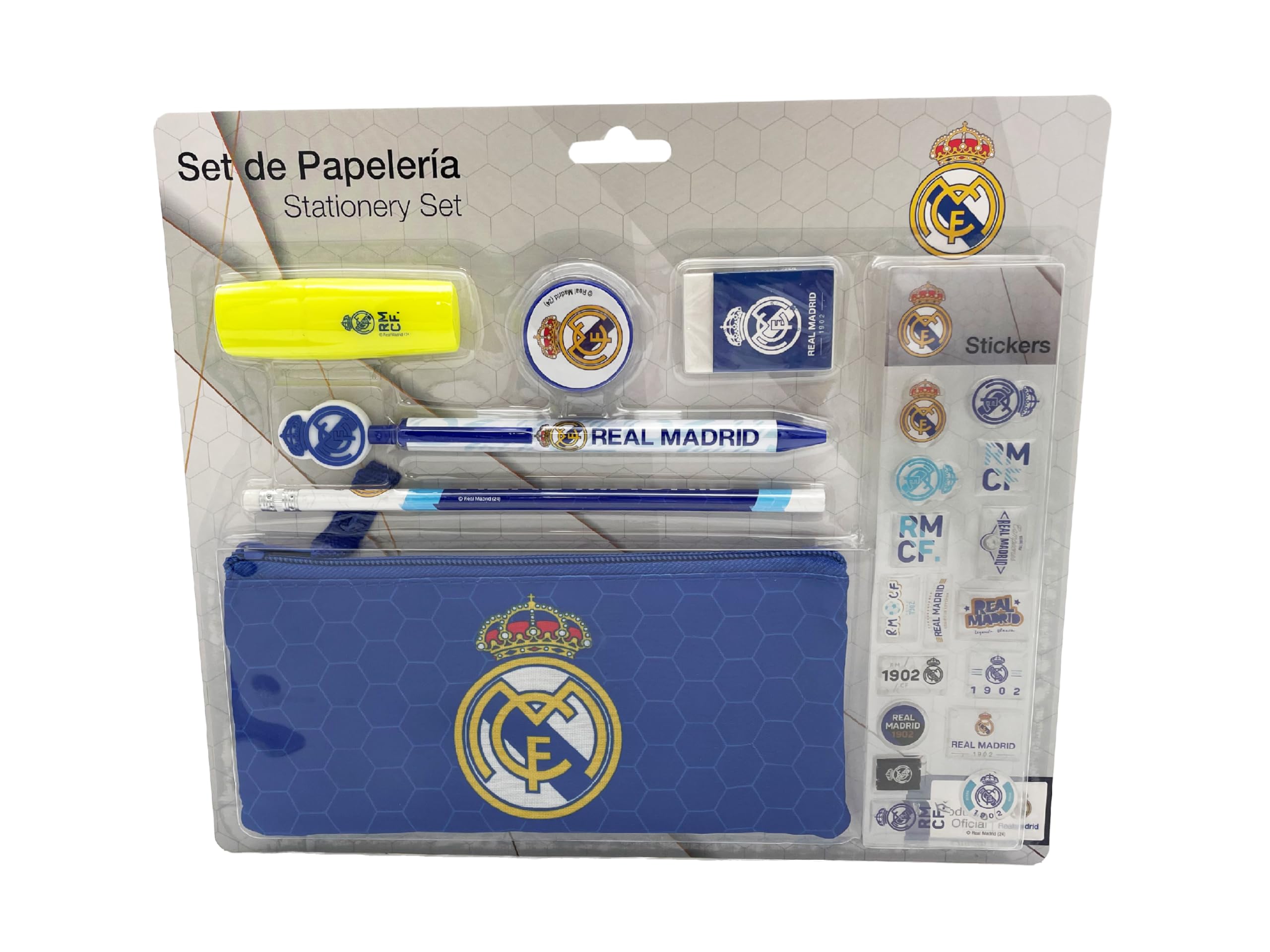CyP Brands- Real Madrid, Set de Papelería, ortatodo, Lápiz, Goma, Sacapuntas, Bolígrafo, Subrayador, Pegatinas, Color Azul, Producto Oficial