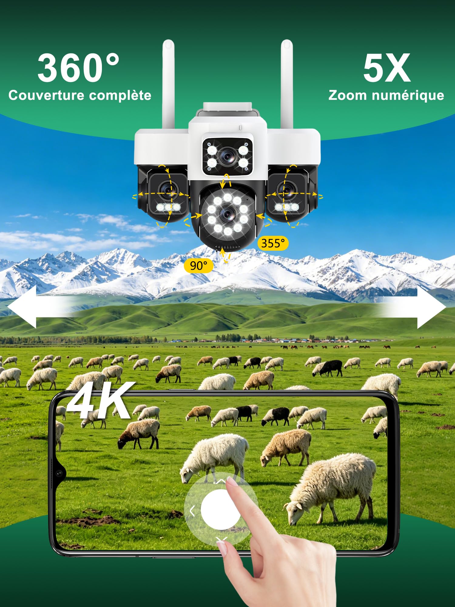4G LTE - Telecamera di sorveglianza solare con scheda Sim,4 obiettivi, AOV 24/7,4K HD Telecamera esterna senza fili inclinabile a 355°/90°, Solare fotocamera+Batteria, visione notturna, rilevamento