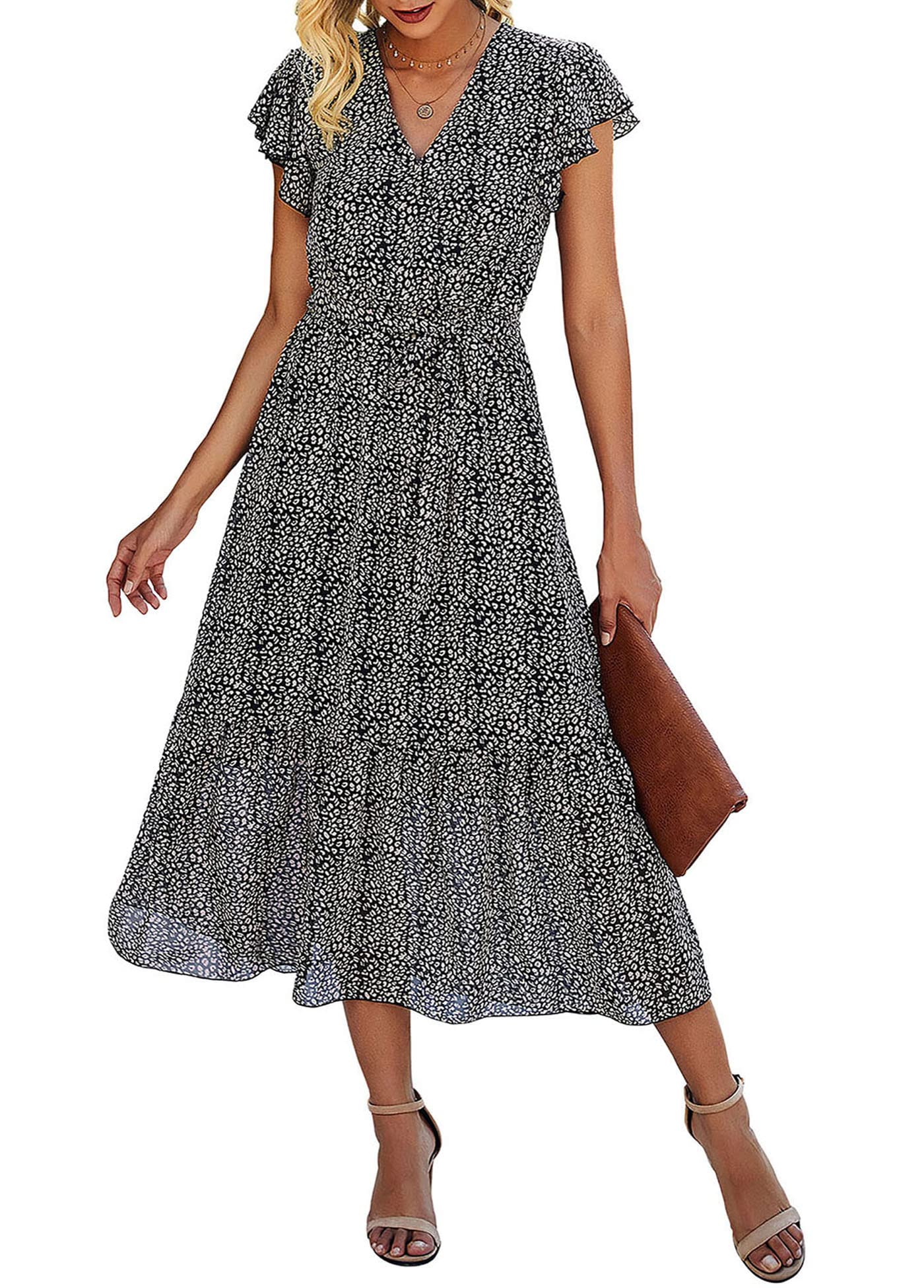 SEVETAT Women's Chiffon Boho Long Dress with Belt Summer Dress Party Dress Elegant V-Neck Maxi Dress Flower Dress Evening Dress Ruffle Beach Dress Cocktail Dress