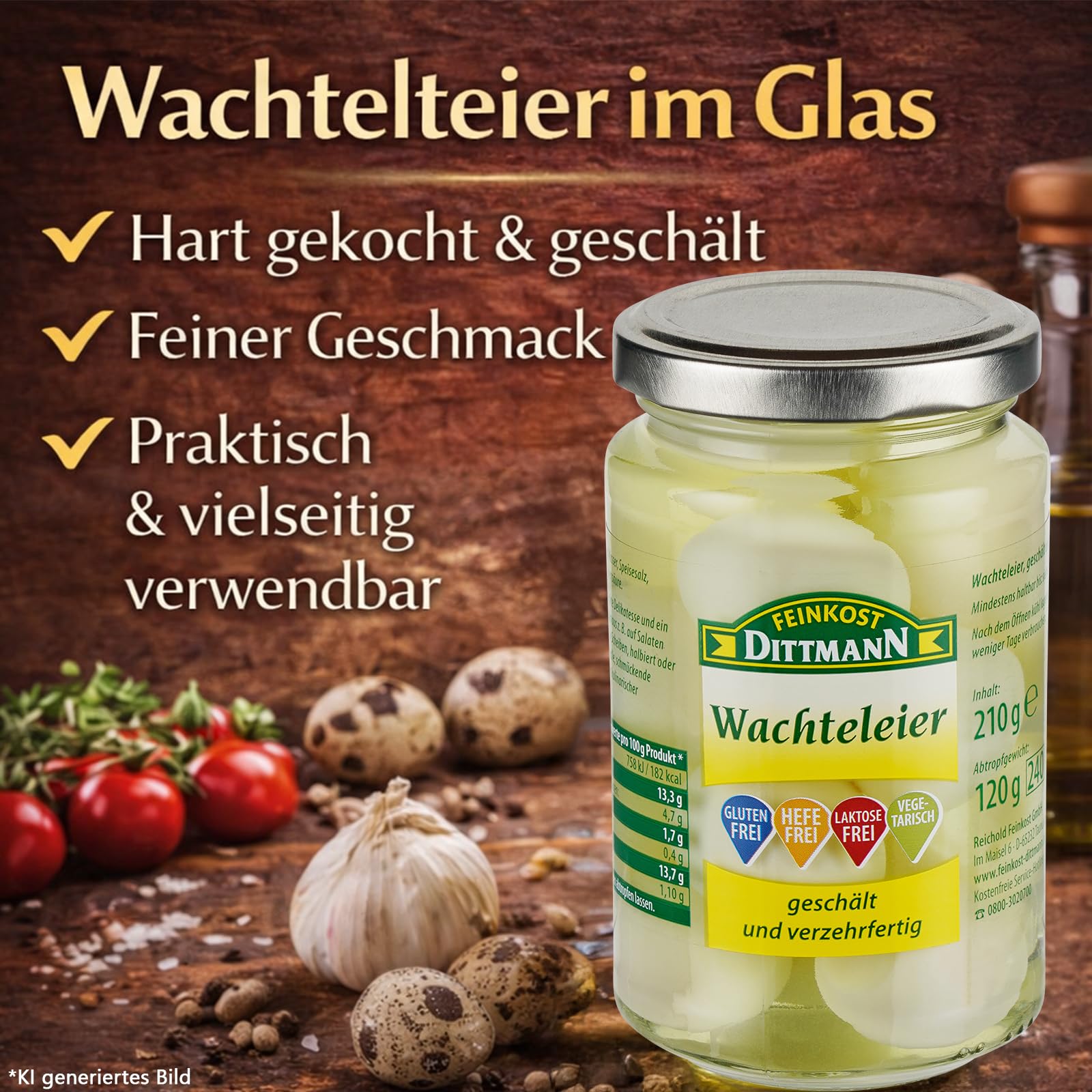 Feinkost Dittmann Wachteleier 220g Glas – 3er Pack | Delikatesse in salzig-saurer Lake, lange haltbar, mini Eier, Quail Eggs