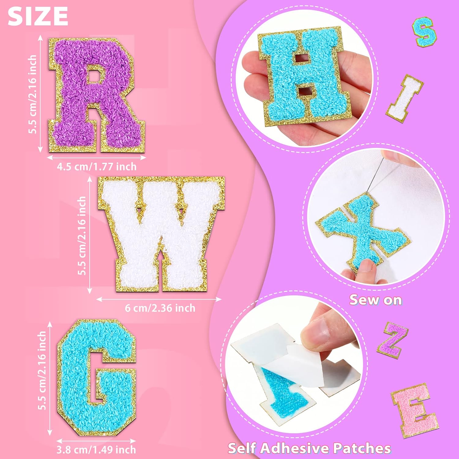 Jutom 104 Pcs Self Adhesive Chenille Iron on Letter Patches Letter Chenille Stick on Embroidered Patch for Clothing Jackets Backpacks Hats(Classic,White, Pink, Purple, Blue)