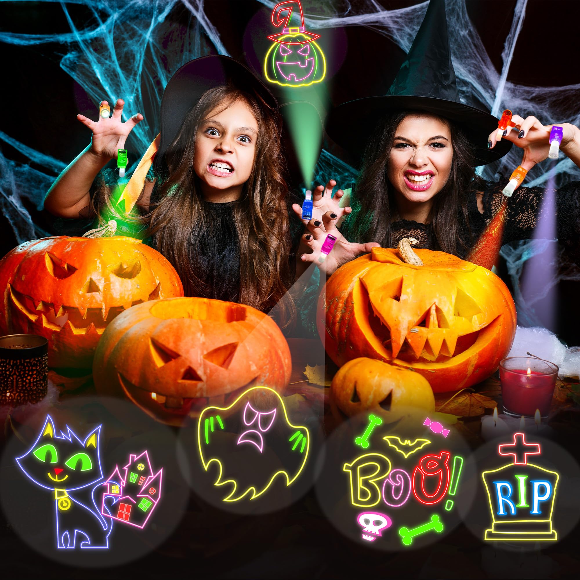 36-Piece Halloween LED Finger Lights - Glow In Dark Party Favors With Spooky Projections