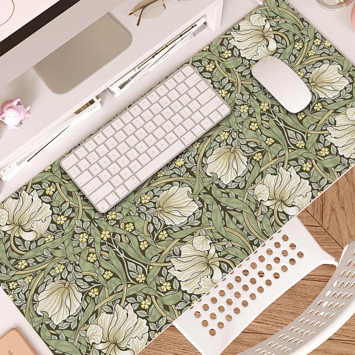 William Morris Mauspad mit Blumenmuster, Vintage-Blumenmuster, XL-Gaming-Mauspad, 80 x 40 cm, Schreibtischunterlage für den Schreibtisch mit rutschfester Gummiunterseite, salbeigrün / gelb