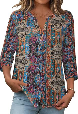 Zeagoo Women's Button Down Linen Cotton Shirt with 3/4 Sleeves