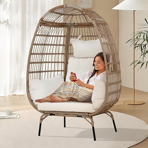 Miniatura 8 de Dkelincs Silla de mimbre para interiores y exteriores, silla de lectura para patio, silla de ratán de gran tamaño para patio, jardín, sala de estar