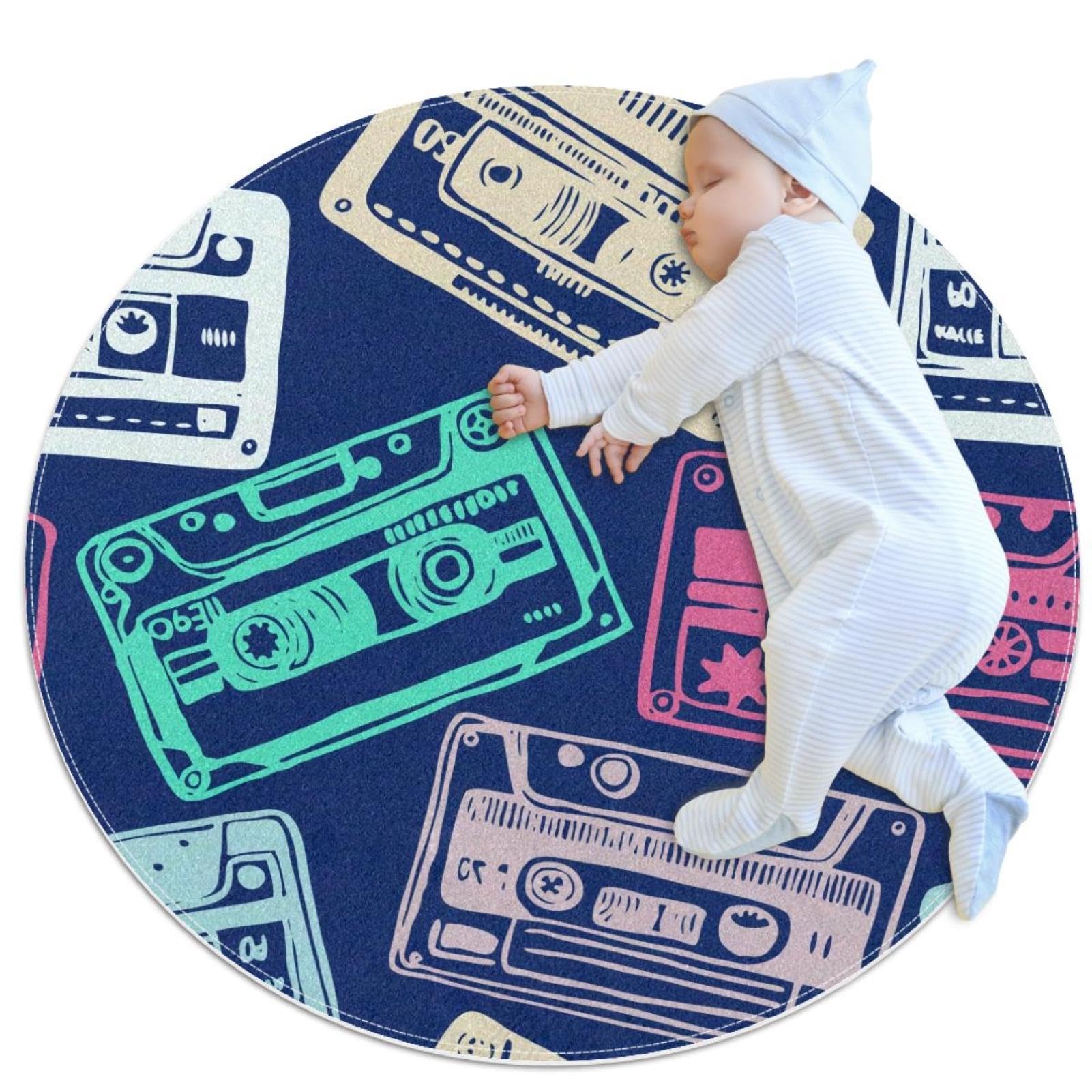 Tapis de salle de bain rétro cassette et camomille rond 1m antidérapant