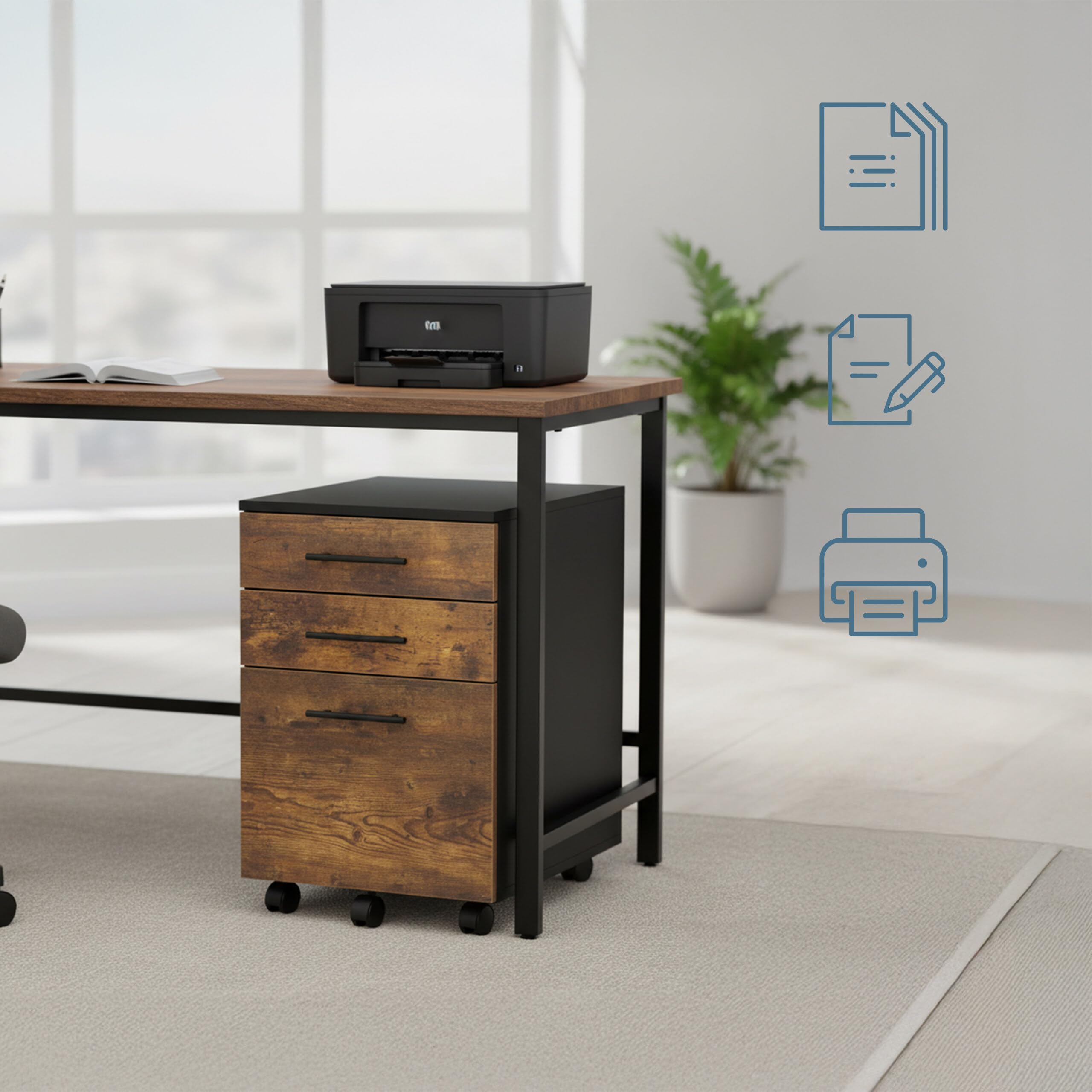 Relaxdays Contenitore su Ruote con 3 cassetti, Supporto per cartelle sospese, 57,5x40x40 cm, Nero/Marrone