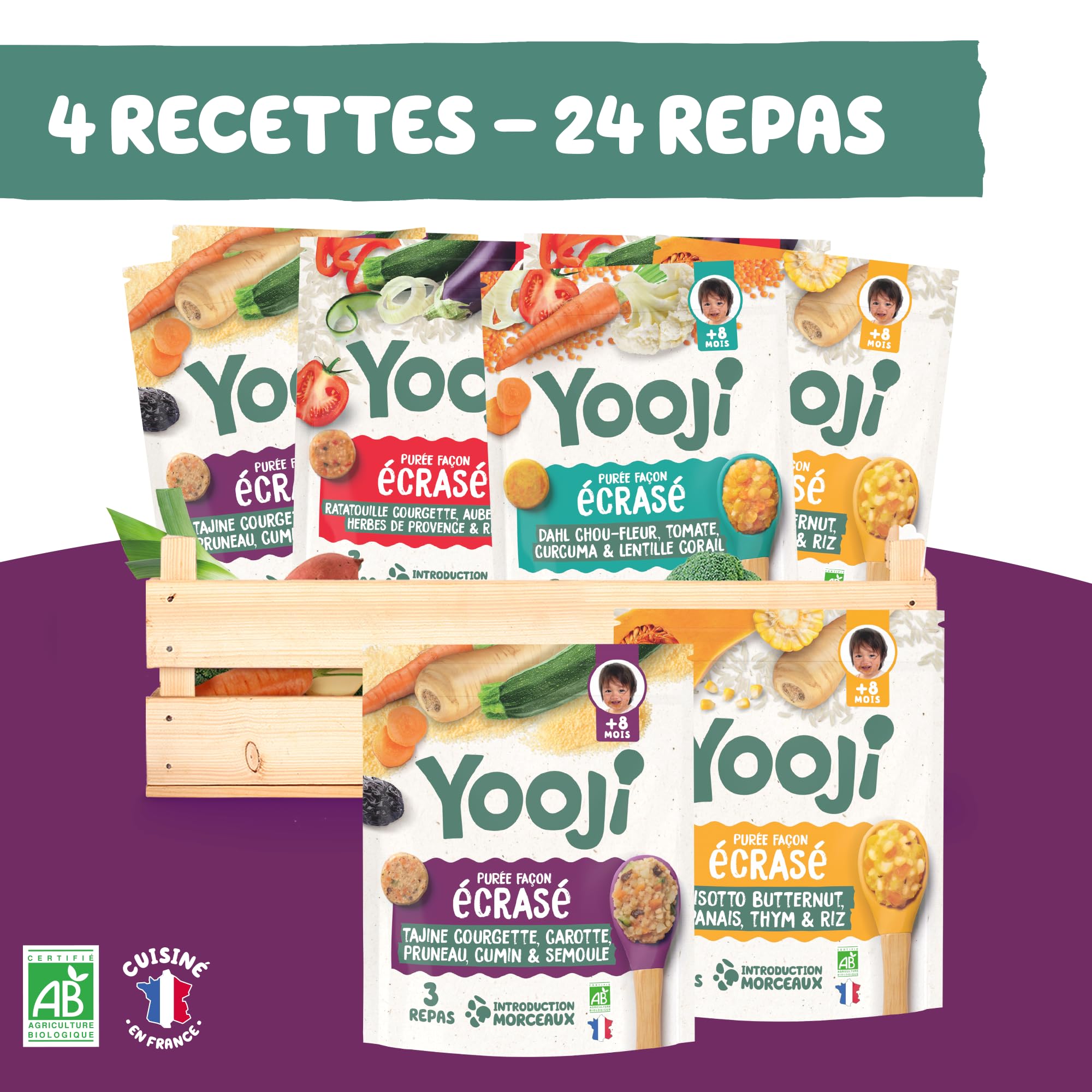 Yooji - 24 Repas BIO Pour Bébé dès 8 Mois - Les Écrasés, Purées Spécial Introduction Morceaux pour la Diversification Alimentaire - 4 Recettes Tajine Ratatouille Dahl Risotto - Lot 8x400g
