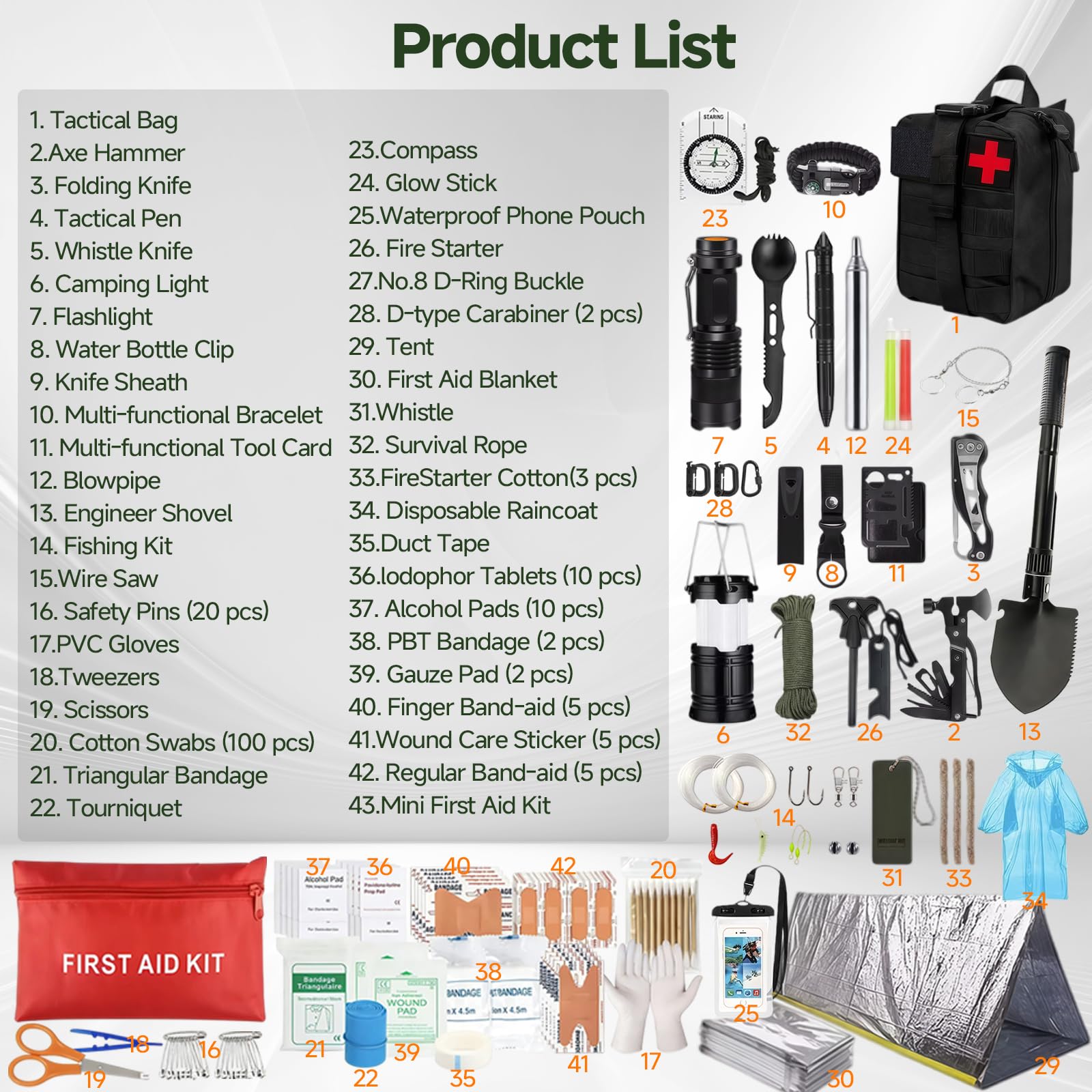Außen Notfall Survival Kit, 43 in 1 Notfall Survival Ausrüstung mit Erste Hilfe Set, Multi-Tool Axt, Kompass, Notfallrucksack für Männer Camping Bergsteigen Wandern Abenteuer im Freien