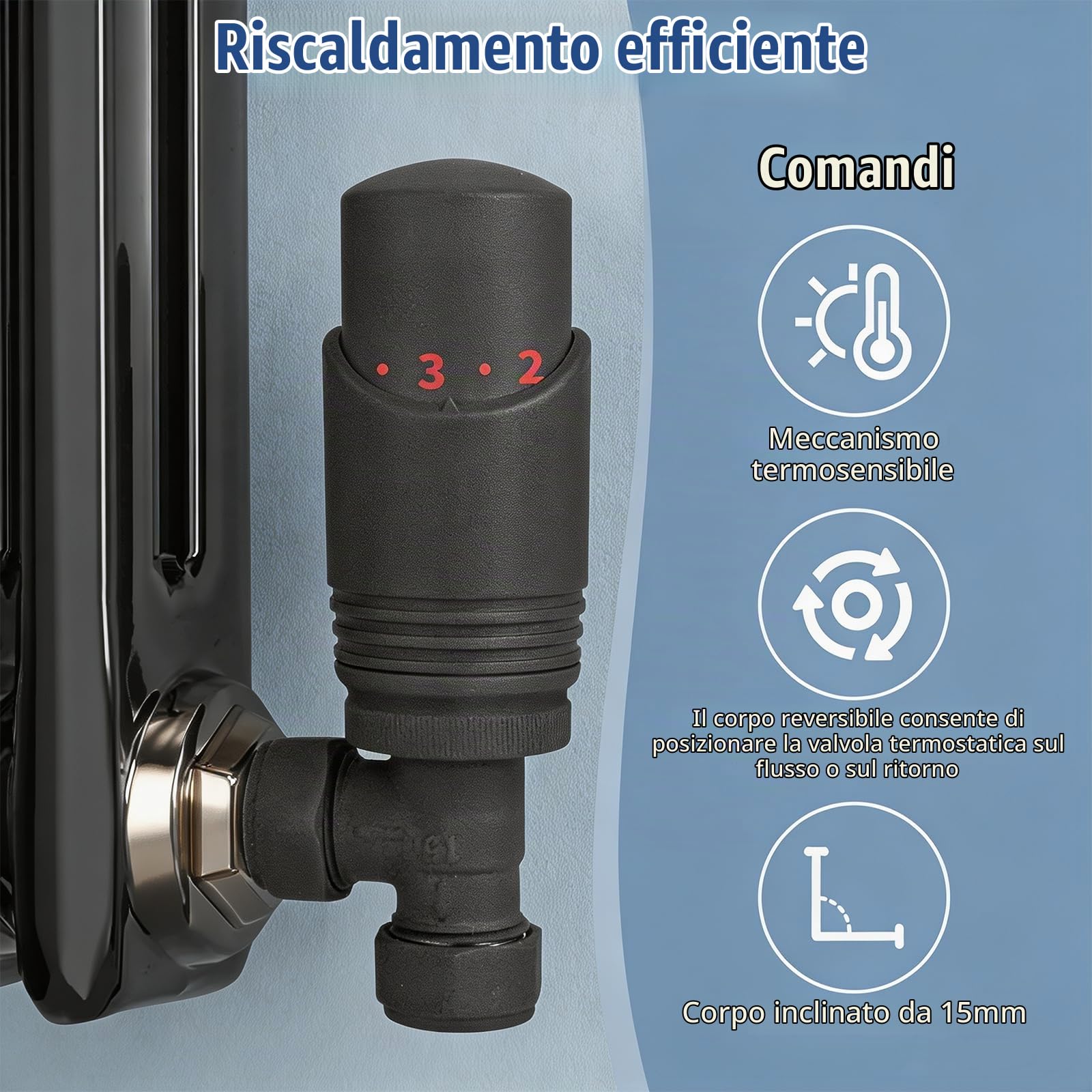 Valvole termostatiche per termosifone (TRV), strutturate, grigio antracite, valvola di blocco angolare, 15 mm, per radiatori per riscaldamento centralizzato, portasciugamani