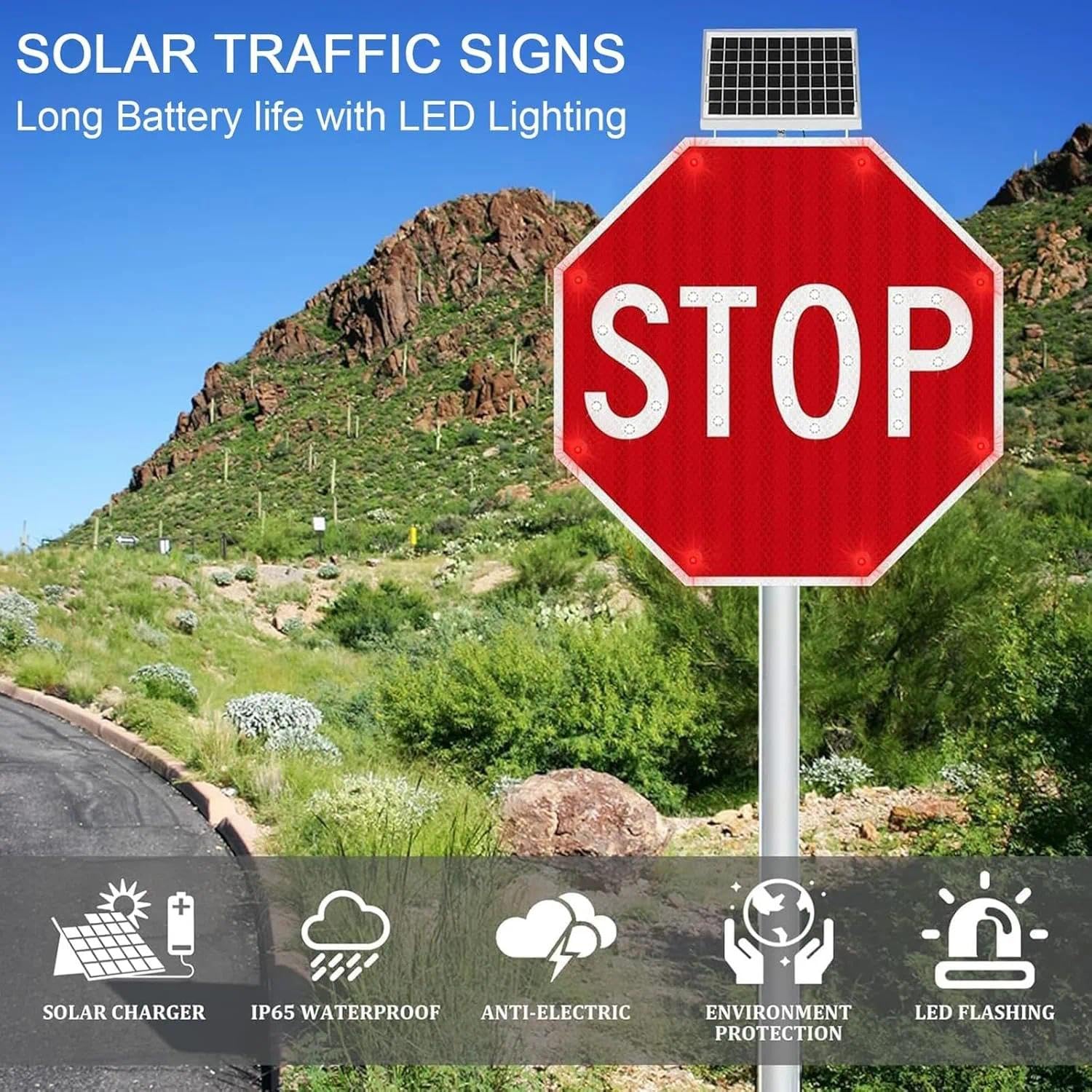 45cm Señal De Stop LED Solar, Señal De Tráfico Reflectante Octogonal Intermitente, Resistente Al Agua IP65, Para Entradas De Vehículos, Cruces Escolares Y Carreteras Rurales(Roja,45cm)