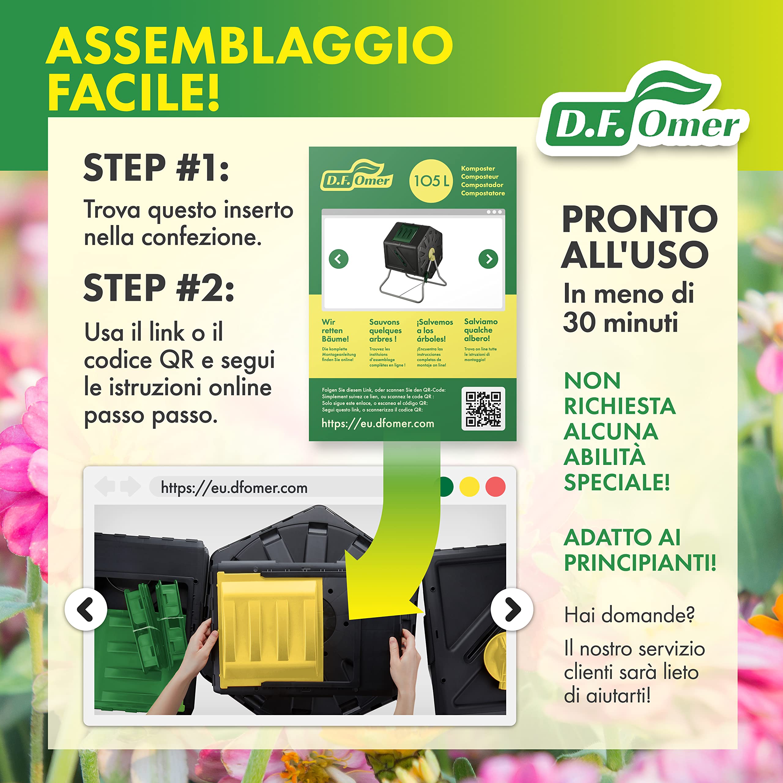 DF OMER, Contenitore Compostaggio Giardino a Camera Singola, Grande Volume, Design Compatto, Capacità 105 l, Compostiera Girevole Robusta per Tutte le Stagioni