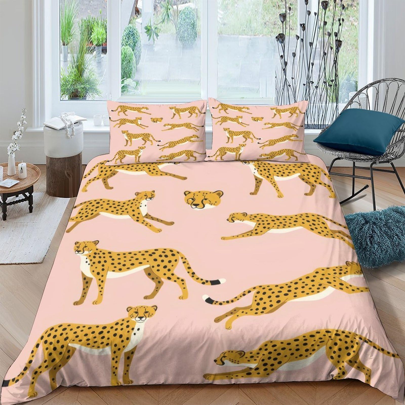 GPLZQXKJNH 3D Printed Cheetah Animal Duvet Cover Microfiber Soft Pink Jungle Bedding Set with 2 Pillowcases for Bedroom Decor, Single（135x200cm）