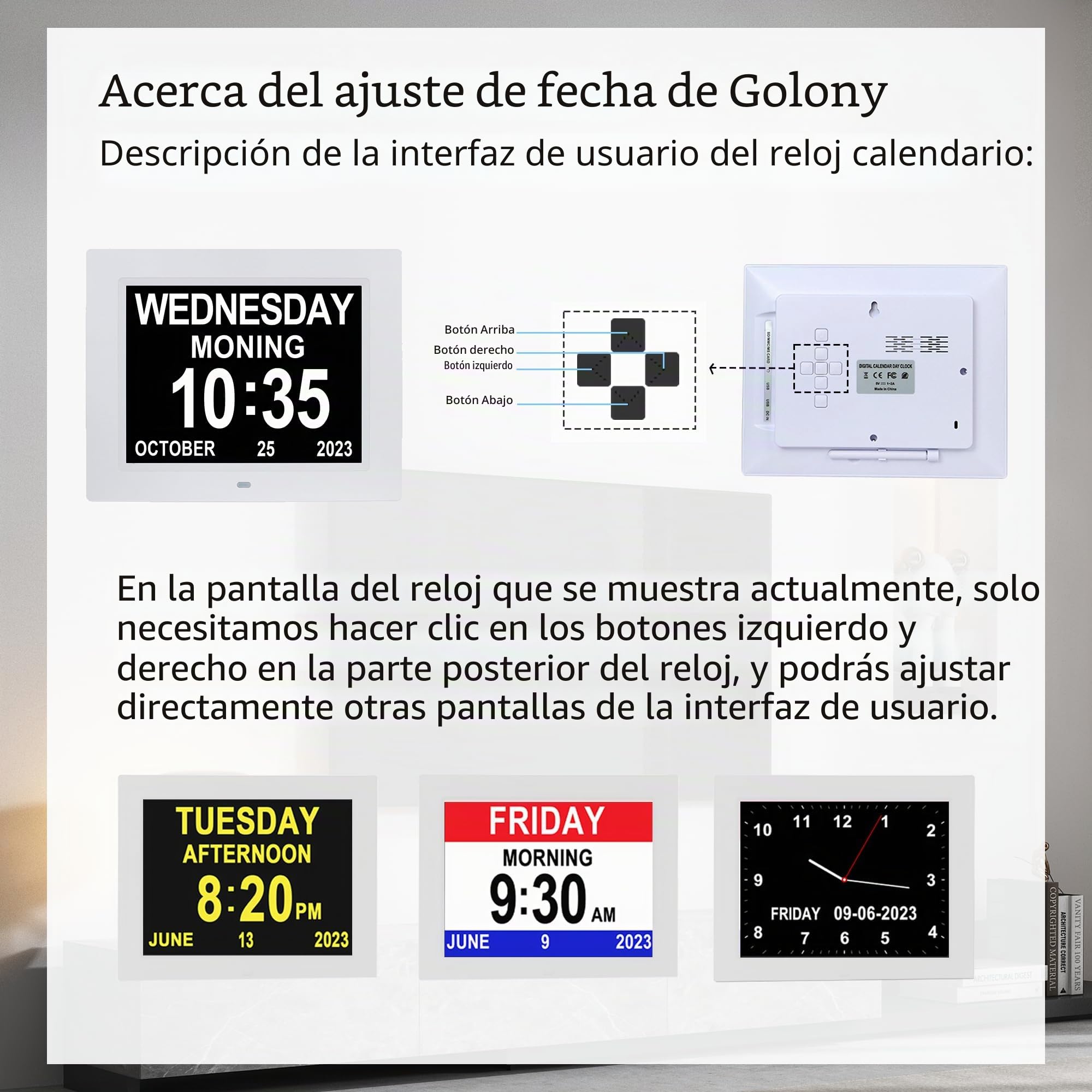 Reloj de día con calendario digital para personas mayores, personas mayores, Alzheimer (8 pulgadas blanco)
