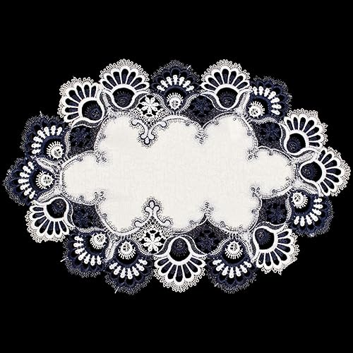 Miniatura 2 de Manteles individuales de encaje europeo azul marino y blanco, manteles de mesa (14 pulgadas de ancho x 21 pulgadas de largo, juego de 2)