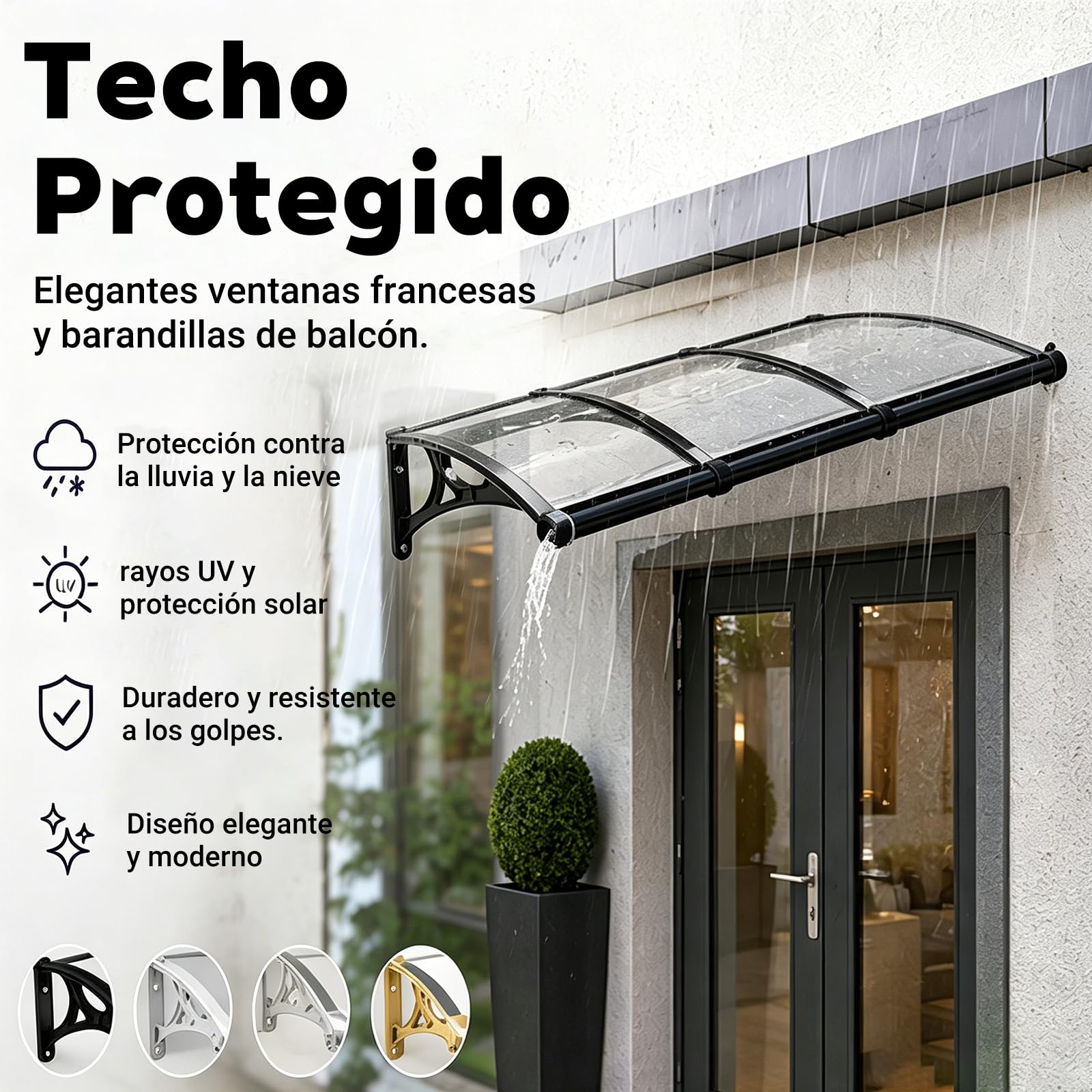 Marquesina para Puerta de Entrada - Marquesina Puerta Exterior, Toldo Exterior de Policarbonato y Aluminio, Protección contra Lluvia, Nieve y Sol, Fácil Instalación