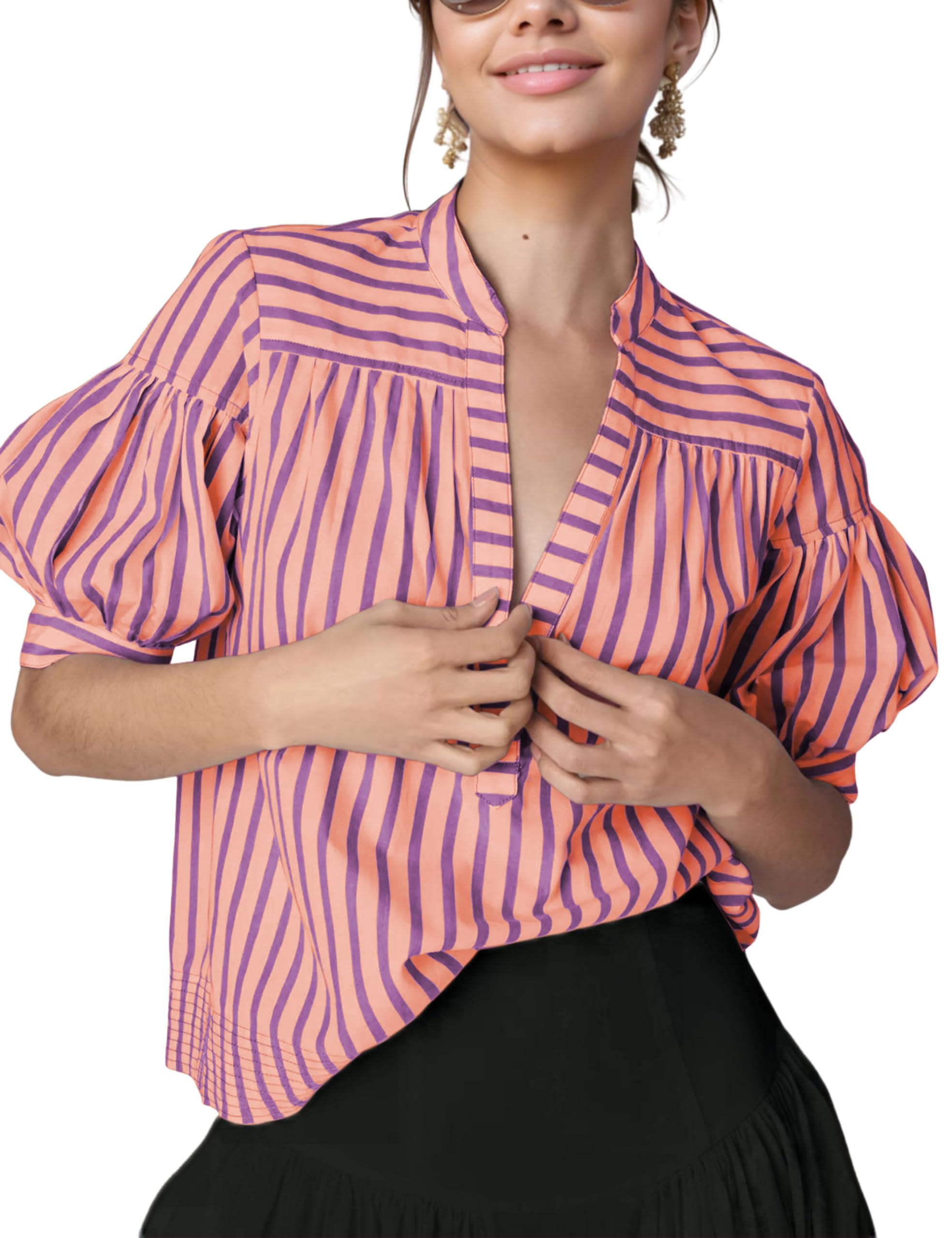 Freyhem Womens Summer Pleated V Neck T Shirts Short Sleeve Casual Loose Blouses Striped Tunics Swing Top