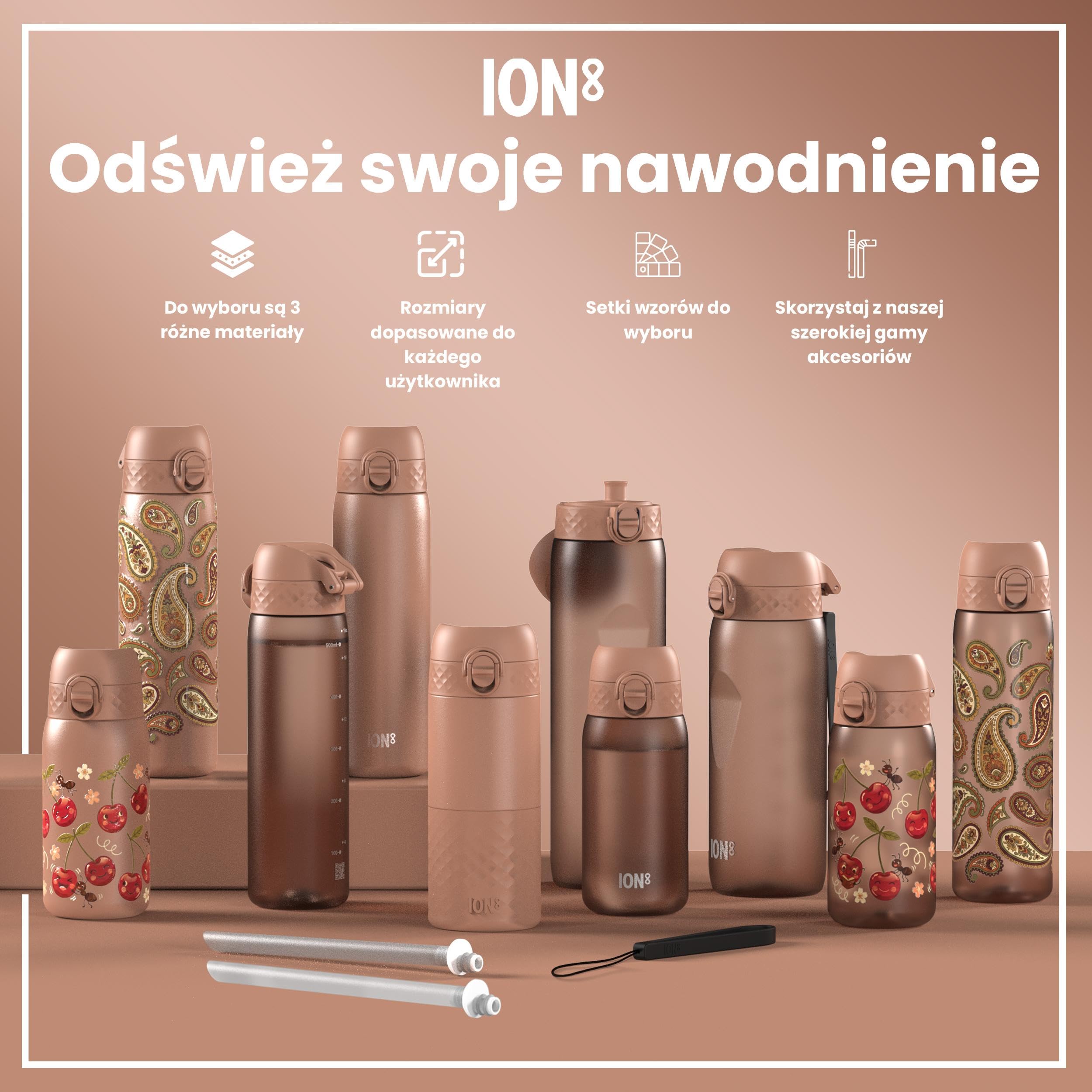ION8 Butelka dla Dzieci, 350 ml/12 oz, Szczelna, Łatwa do Otwarcia, Bezpieczny Zamek, Można Myć w Zmywarce, Bez BPA, Uchwyt do Przenoszenia, Łatwa do Czyszczenia, Bezwonny, Wiśnie