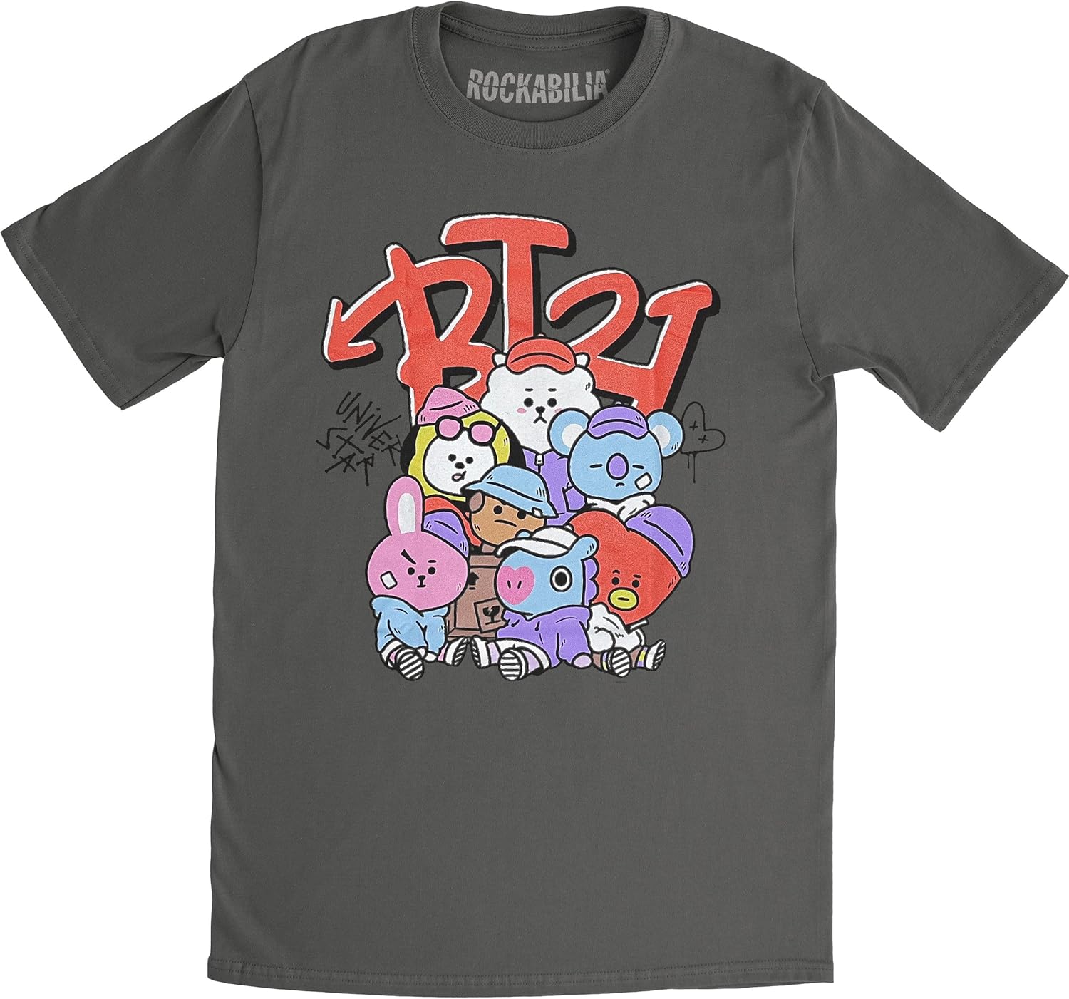 BT21 BTS Kpop Unisex Cotton Crew Neck Short Sleeves Tee Shirt (Street Mood Charcoal Grey, Medium)