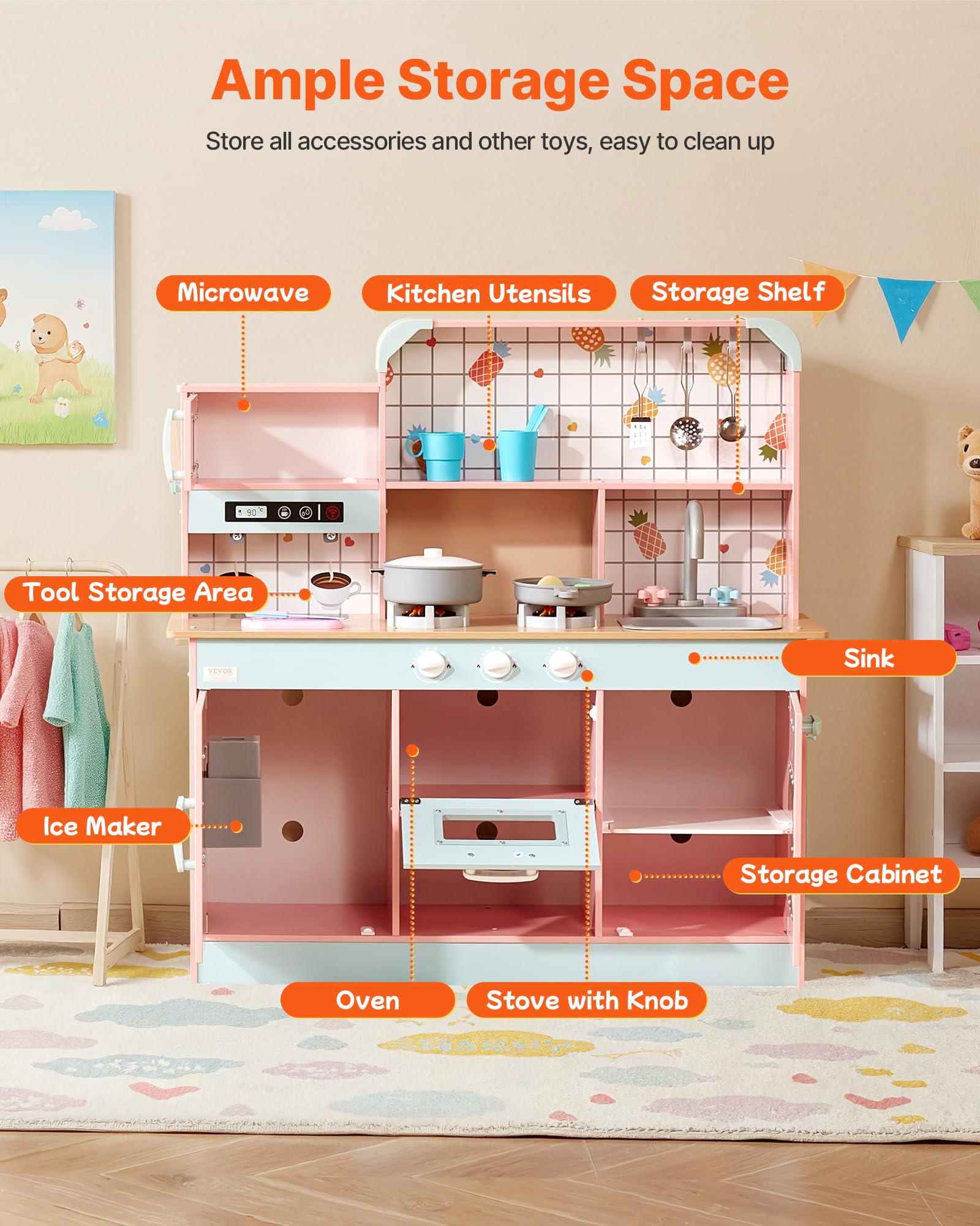 VEVOR Giocattolo Cucina per Bambini, Set Giocattolo da Cucina per Bambini in Legno con Luci Suoni Macchina per Ghiaccio Forno Lavello Microonde Frigorifero Utensili, Giocattolo Cucina, 24 pz, Rosa
