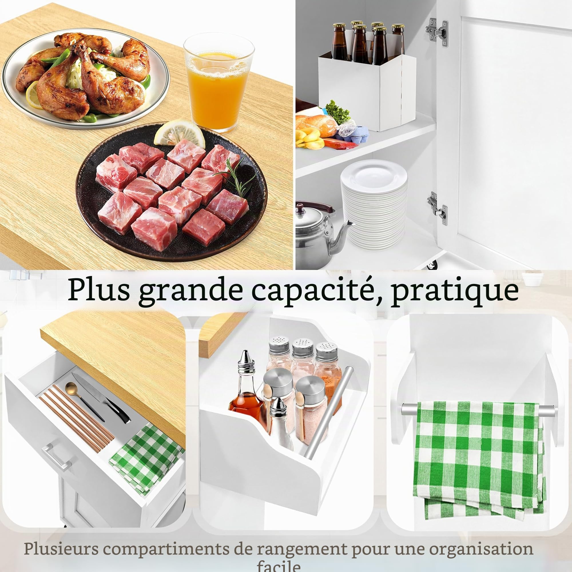 NAIZY Armoire de cuisine avec plan de travail, roulettes et tiroirs - Chariot de cuisine verrouillable - 115 x 36 x 90 cm