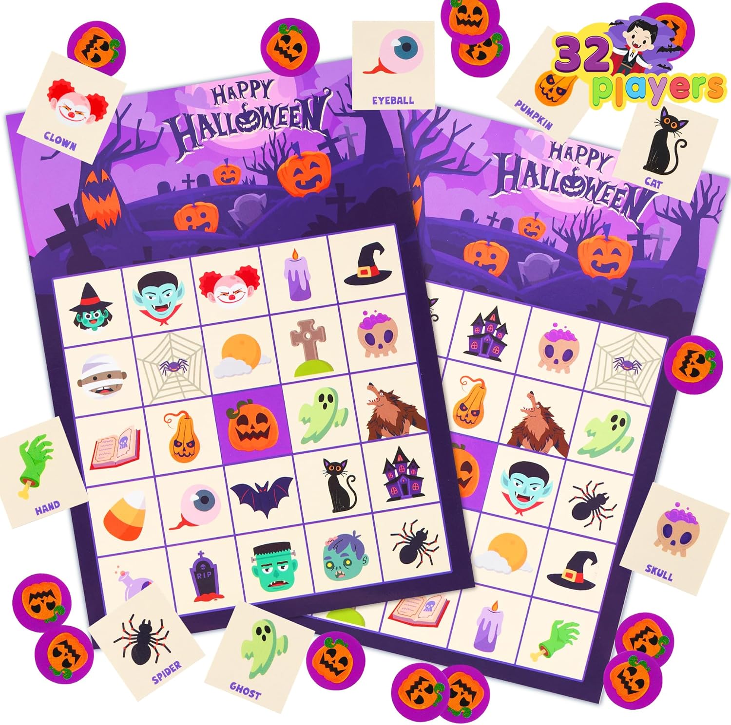 JOYIN 32 Players Halloween Bingo Game, Kids Bingo Cards Set for Large Group School Classroom Family Activities, Halloween Party Games, Halloween Party Supplies Card Game