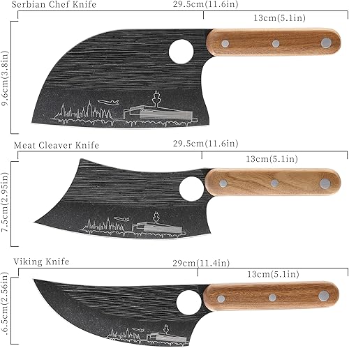 Miniatura 2 de Lccowot Juego de cuchillos de carnicero de 3 piezas, cuchillo de carnicero de 7 pulgadas, cuchillo de chef serbio de 7 pulgadas y cuchillo vikingo