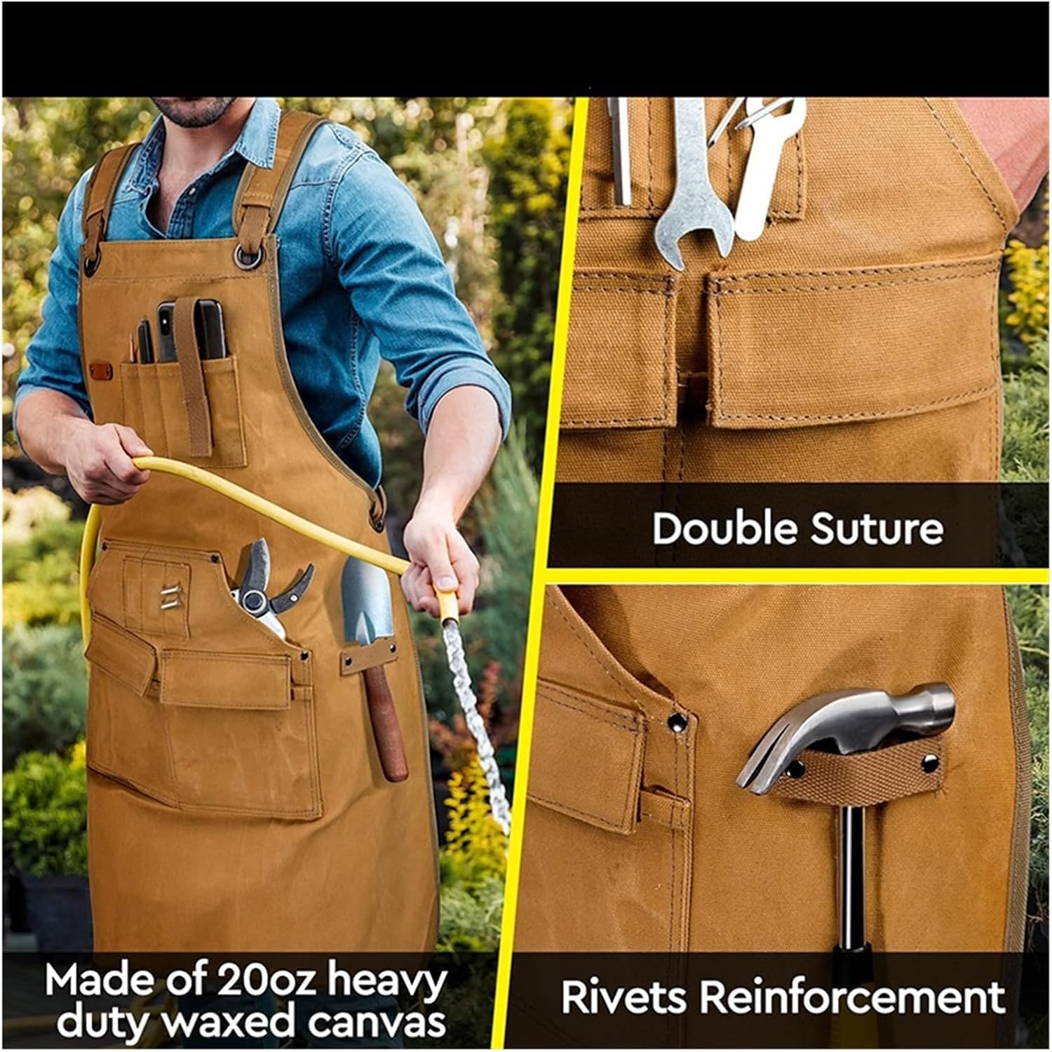 Tool Apron Work Apron with Tool Pockets Heavy Duty Canvas Goods Adjustable Cross-Back Straps for Woodworking