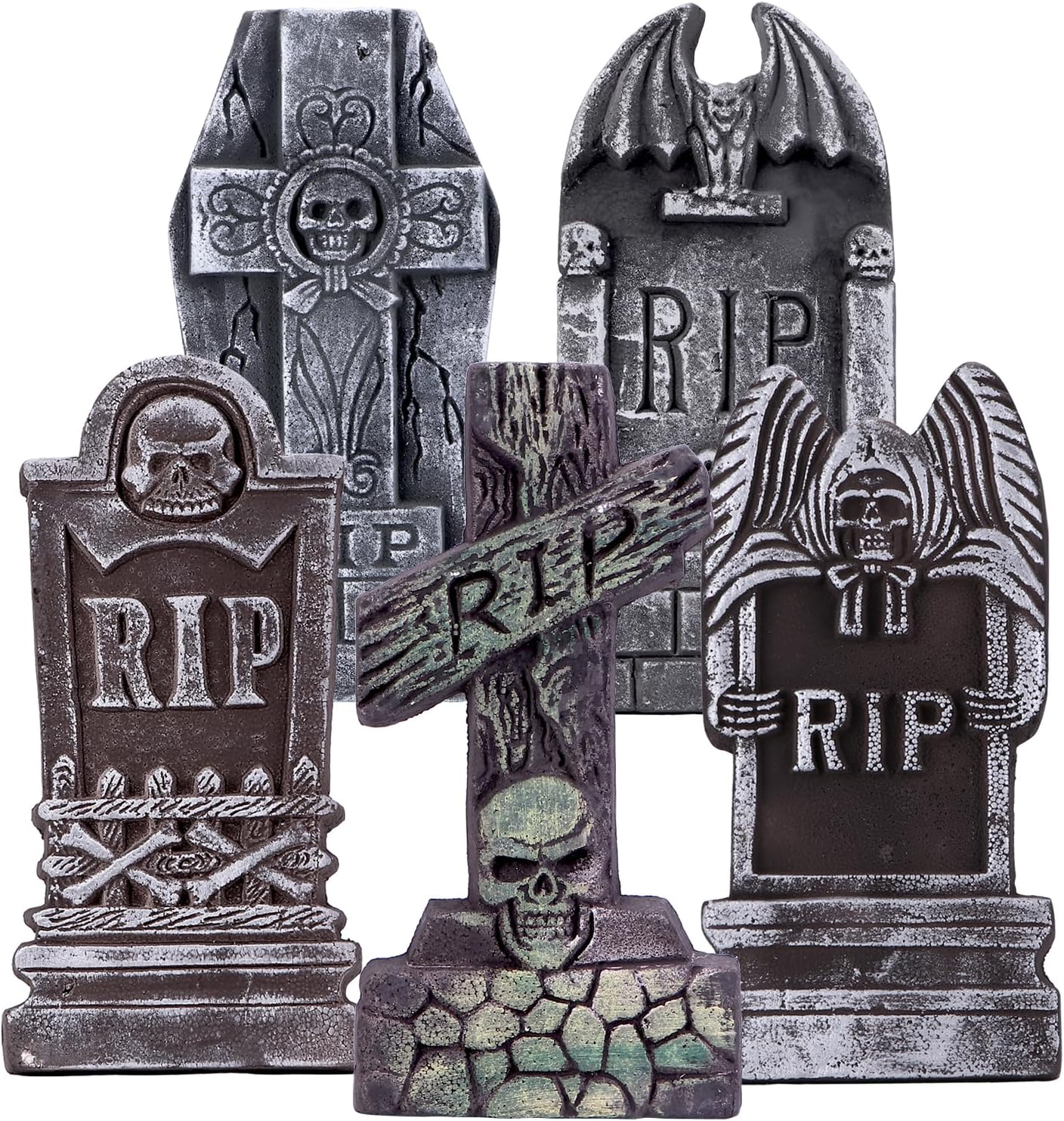 YEAHBEER 17” Halloween Foam RIP Graveyard Tombstones, 5 Pack Halloween Tombstones Outdoor Decorations, Lawn Decor with 10 Metal Stakes