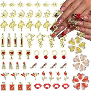100 Pcs Gold Red Nail Charms Y2K with Lipsticks, Wine Bottles, Wine Cups, Lips, Tulips, Stars, High Heels, Perfume Bottle