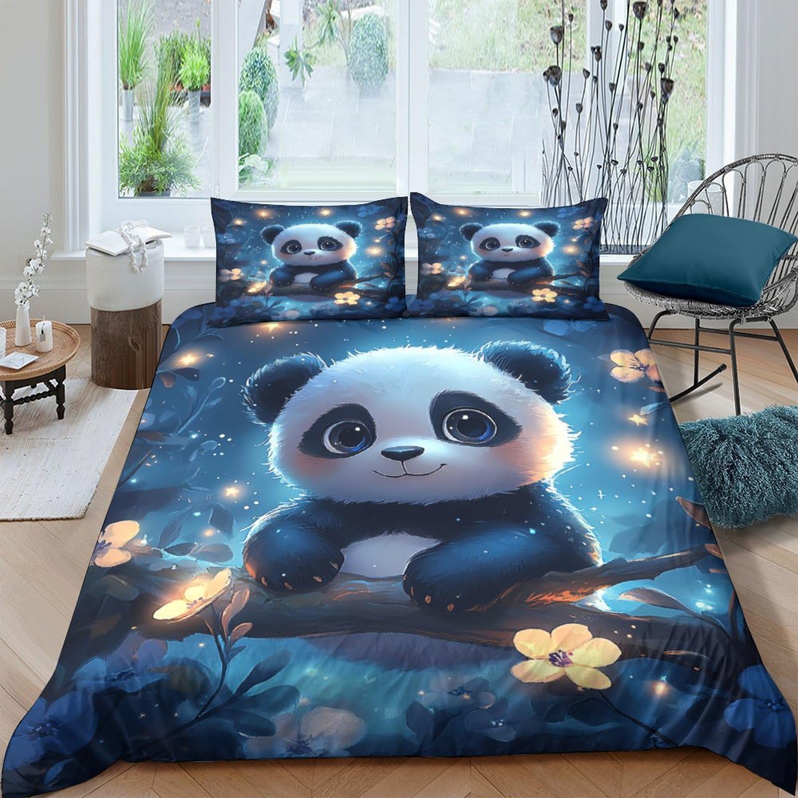 Ctjqhvkz Style-6 3D Printed Night Panda Fitted Sheet Microfiber Soft Animal Forest Bed Cover For Bedroom Dorm Mattress Decor Single（135X200cm）