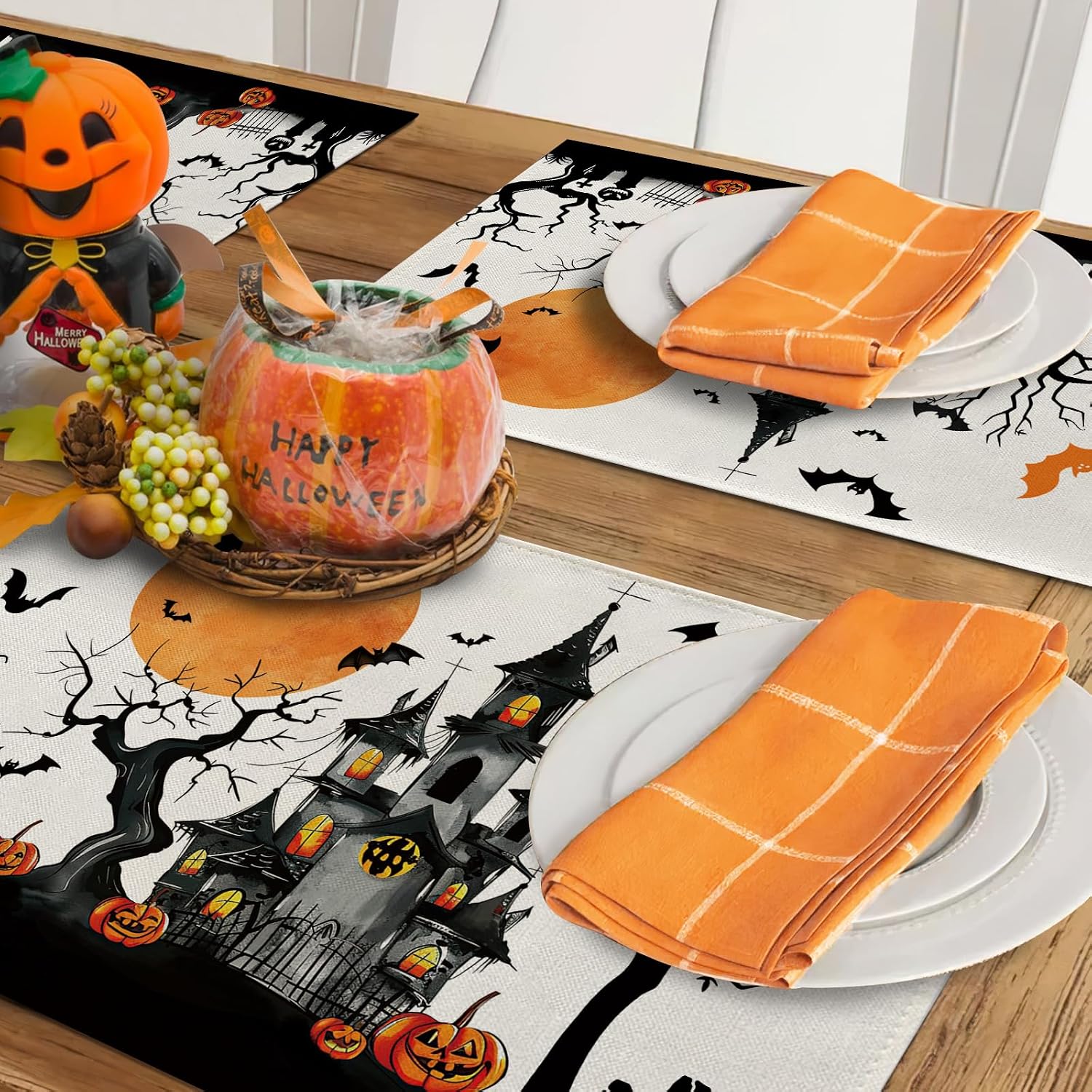 Halloween Horror Castle Placemats Set of 4, Scary Haunted House Moon