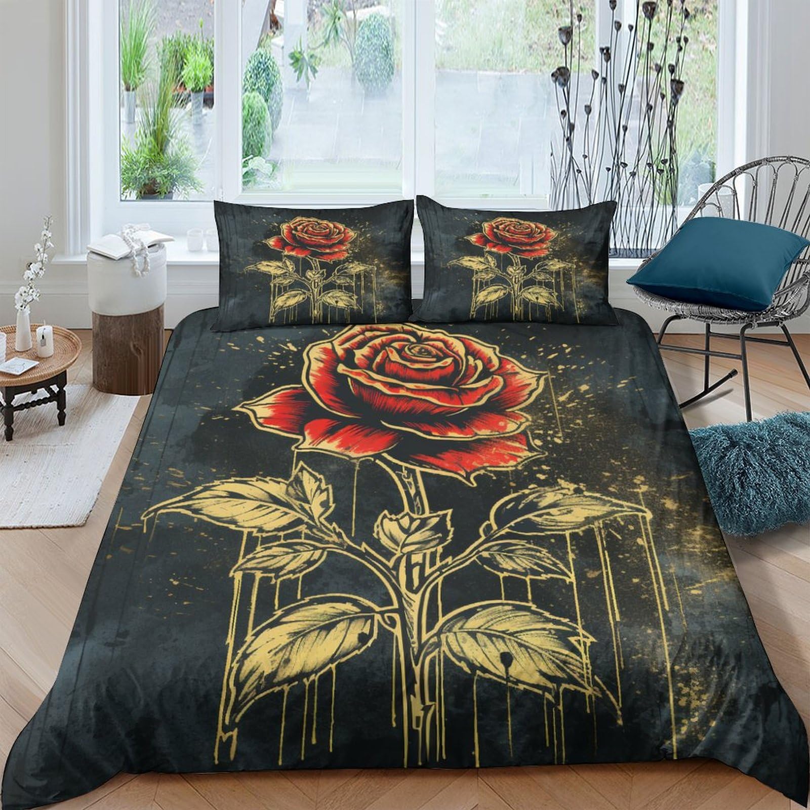 Housse de couette avec taies imprimé rétro rose rouge 3D parure de lit microfibre