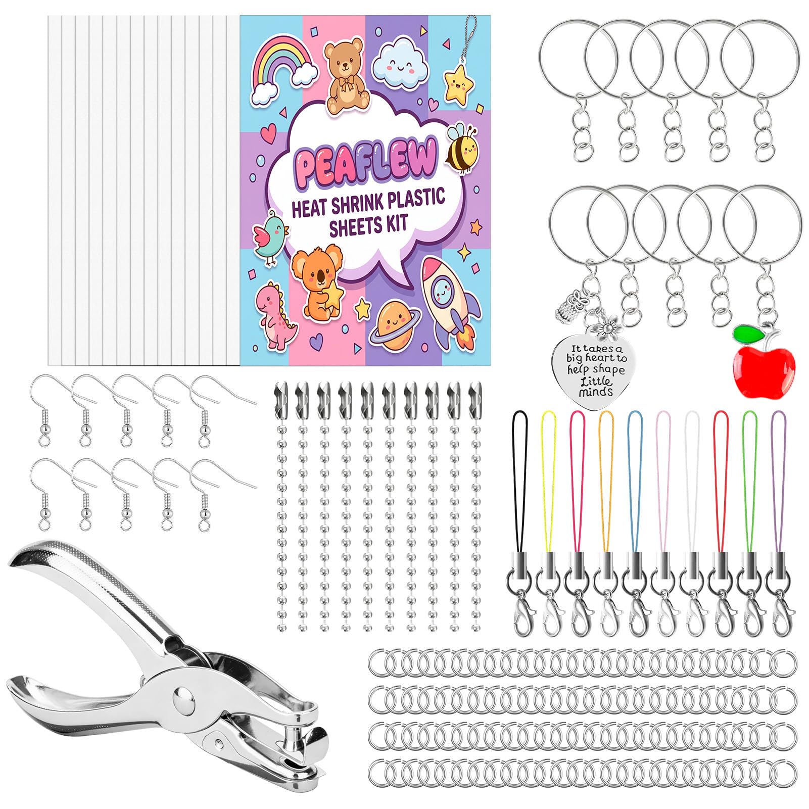 Peaflew 156 PCS Heat Shrinky Plastic Sheets Kit, 15 PCS Shrinky Dink Paper with 141 PCS Keychains Accessories, Shrinky Sheets for Marking Keychains Kids Crafts DIY Hand Made Ornaments