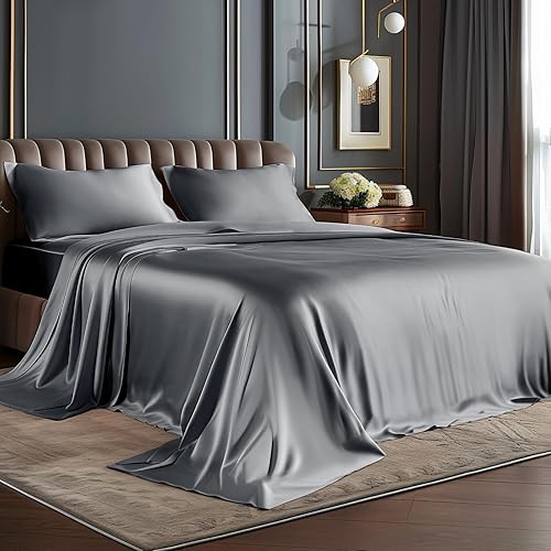 BEDELITE King Size Sheets Set, Luxury Soft Dark Grey Satin Sheets for Hair and Skin, Similar to Silk Bed Sheets Set 4 Pieces with 1 Deep Pocket Fitted Sheet, 1 Flat Sheet, and 2 Pillowcases - Dark Grey - King