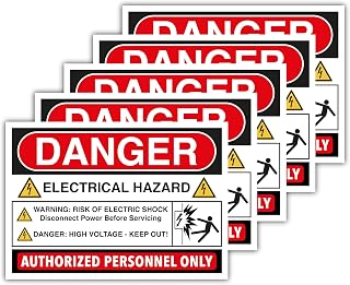 5-Pack Danger Electrical Hazard Labels – 4.13" x 5.83" Vinyl Safety Decals – High Voltage, Electric Shock Risk, Disconnect Power, Keep Out, Authorized Personnel Only Signs Stickers