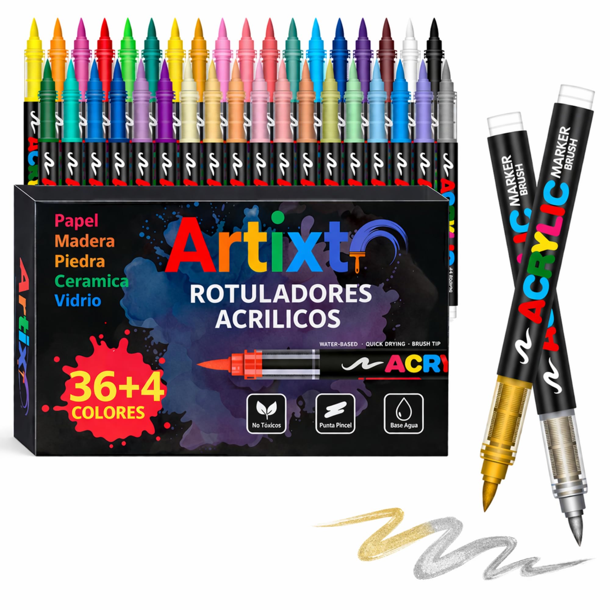 Acrylic Brush Pens 36 + 4 Metals, Set of Professional Paint Markers for Stone, Wood, Canvas and Crafts, Intense and Permanent Colours