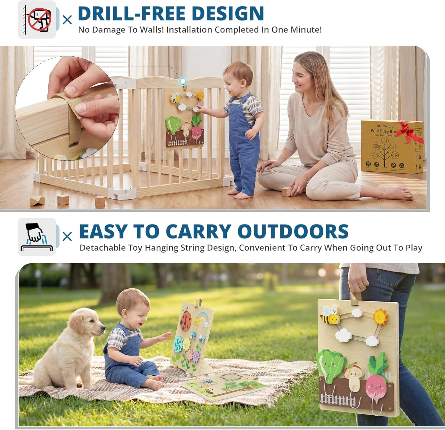 BlueWood Wooden Busy Board for Toddlers, 14-in-1 Montessori Philosophy Educational Toy, Activity Center Made from Basswood, No Drilling, Easy to Carry & Store