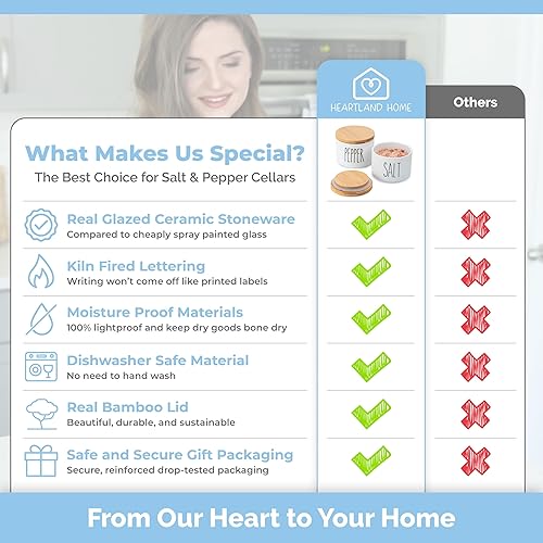 Miniatura 4 de Heartland Home Cuencos de cerámica para sal y pimienta. Bodega de sal de doble soporte con tapa, juego de recipientes de sal apilables, incluye