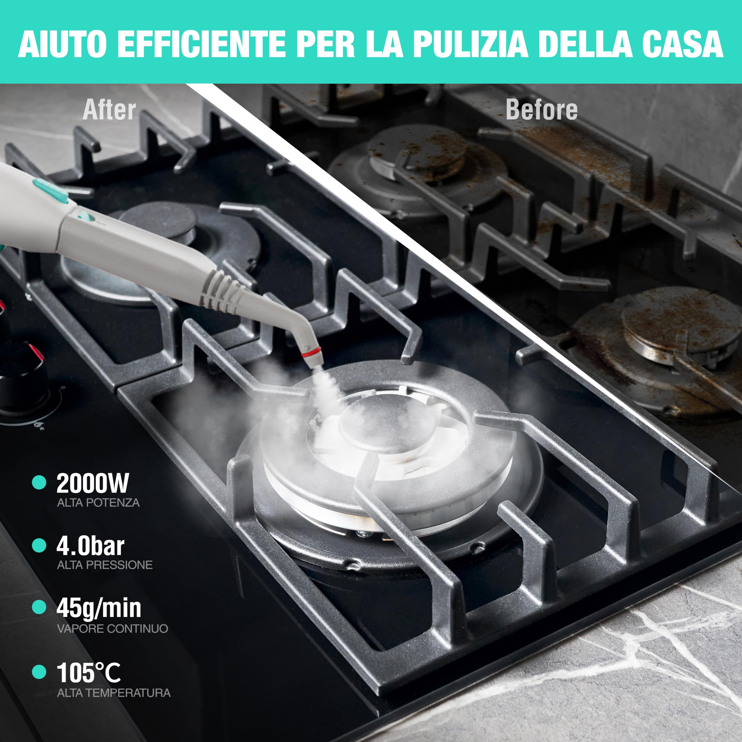 HAUSHOF Pulitore a Vapore Portatile 2000W, 1,5L, 4 Bar, 8 Min Riscaldamento, Lavapavimenti a Vapore Multifunzione con 16 Accessori e Cavo 3m, per Pavimenti, Tappeti, Finestre, Cucina