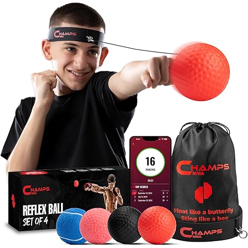 Champs MMA Boxing Reflex Ball Set with Punch Counter App | 4 Balls with Varying Weights, Headband, and 4 Spare Strings to Improve Speed, Hand Eye Coordination Training | Boxing Equipment, MMA Gear