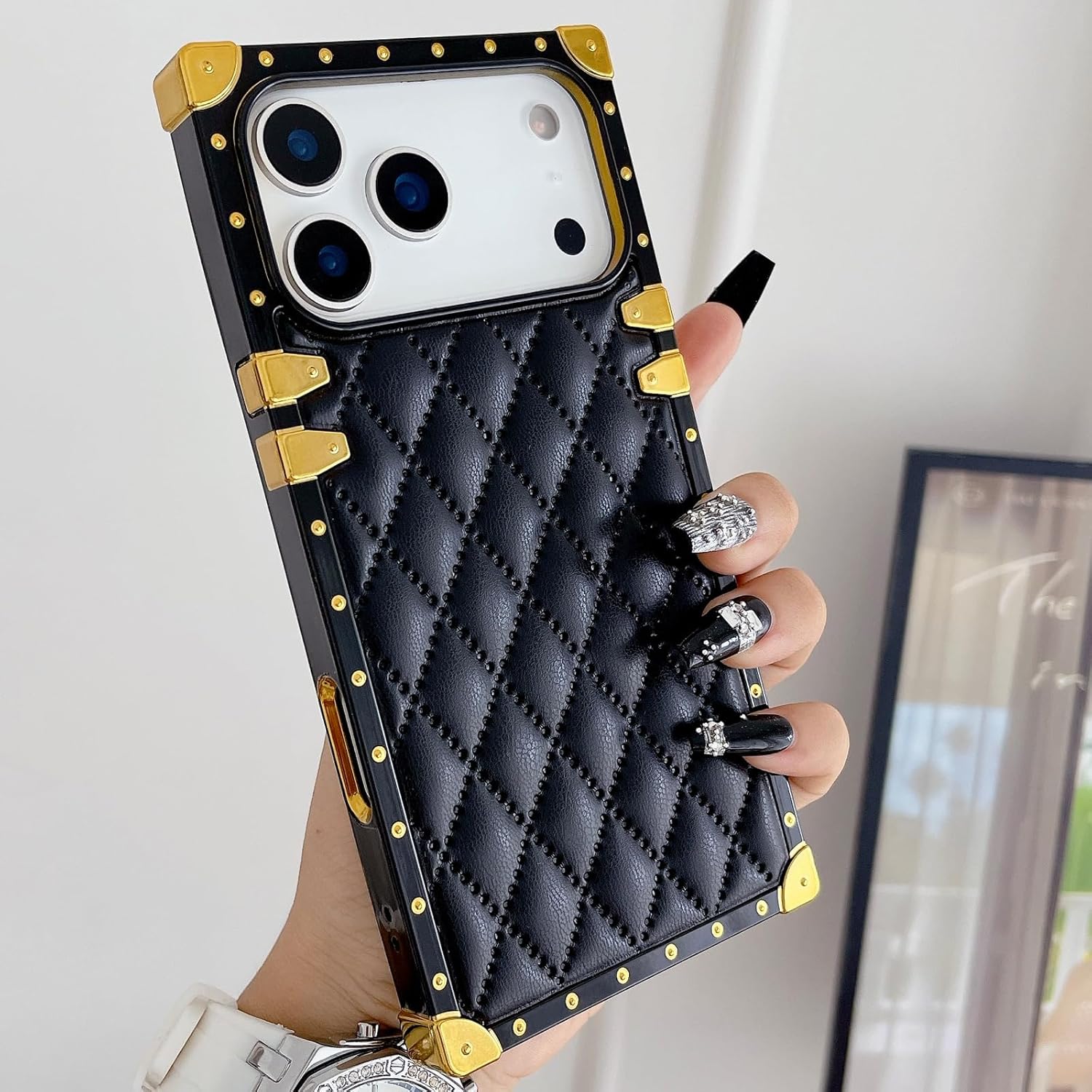 for iPhone 17 Pro Cute Case for Women, Girly Luxury Golden Decoration Corner Soft TPU Bumper Elegant Shockproof PU Leather Back Girls Protective Phone Cover for for iPhone 17 Pro 6.3", Black - Image 2