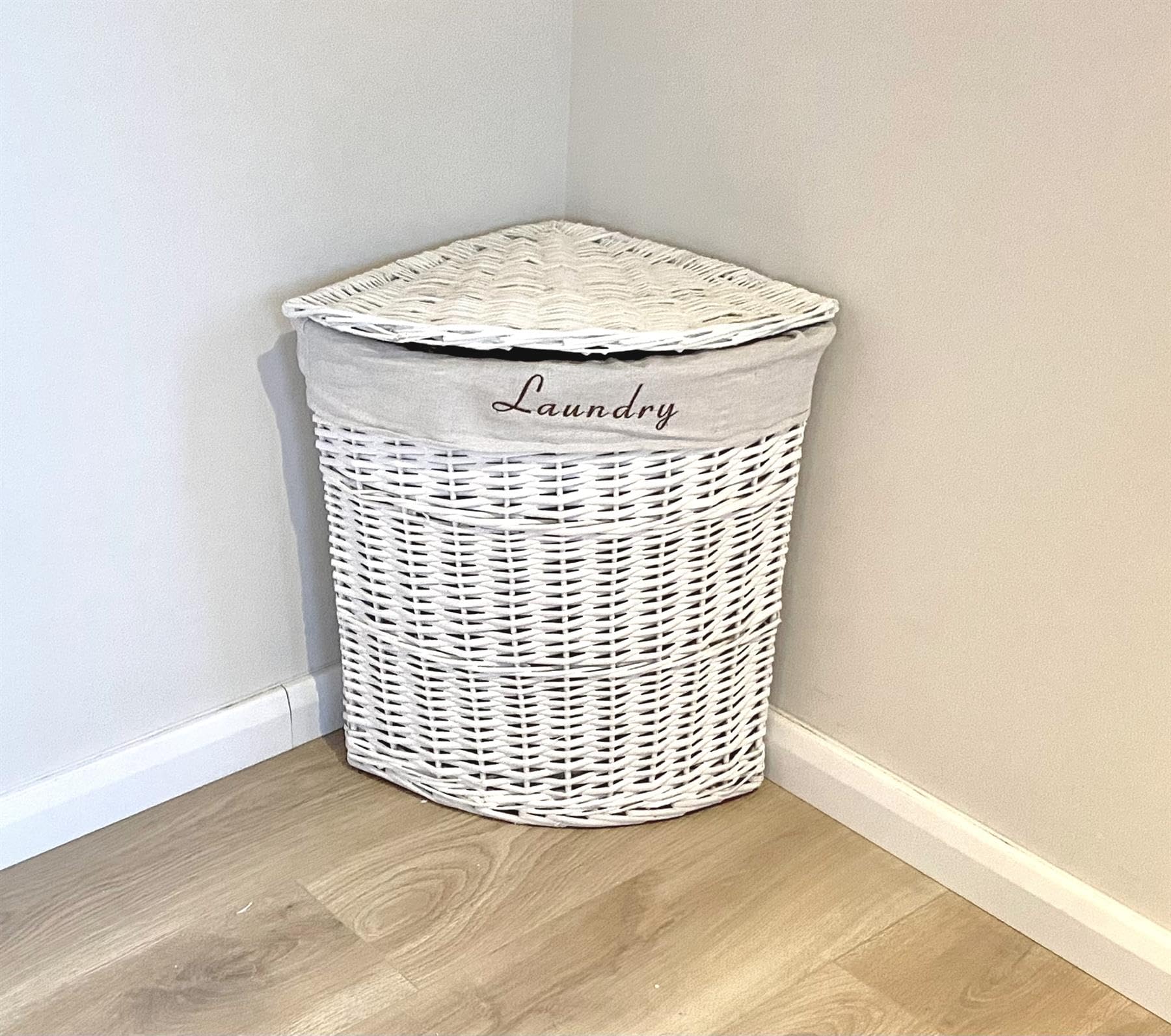 Topfurnishing White Corner Wicker Laundry Basket With Lid Washing Basket Hamper Removable Cotton Lining Medium 48 X 37 X 52 Cm