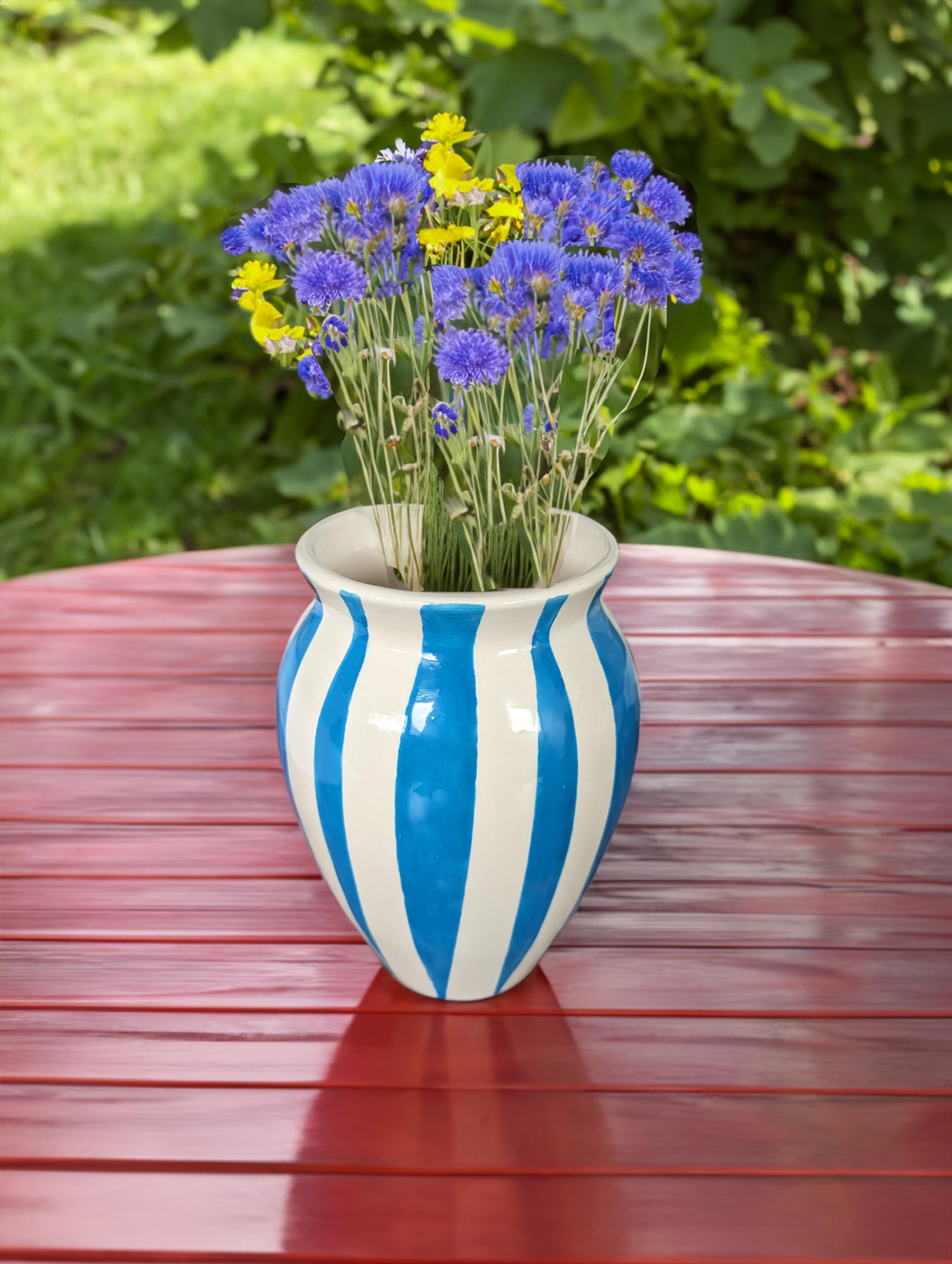 your castle Flower Vase Handmade Ceramic Vase Decorative Vase Small Hand Painted Striped Cream Light Blue 17cm High - Image 2