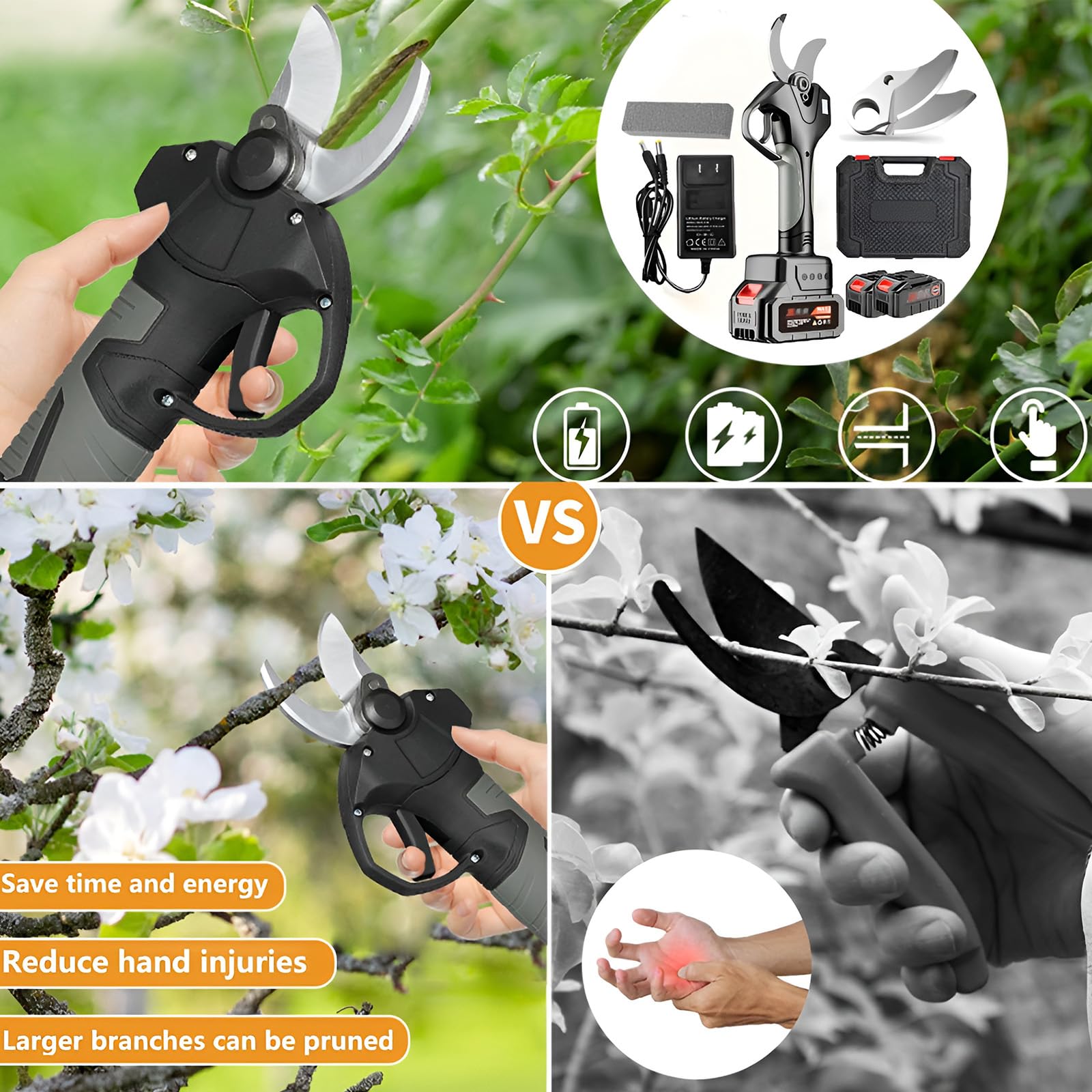 Forbici da potatura elettriche Professionali, Inserti Senza Fili per Giardinaggio, con Doppia Batteria e Lame di Ricambio Extra, attrezzo per potatura Alberi e Giardino.