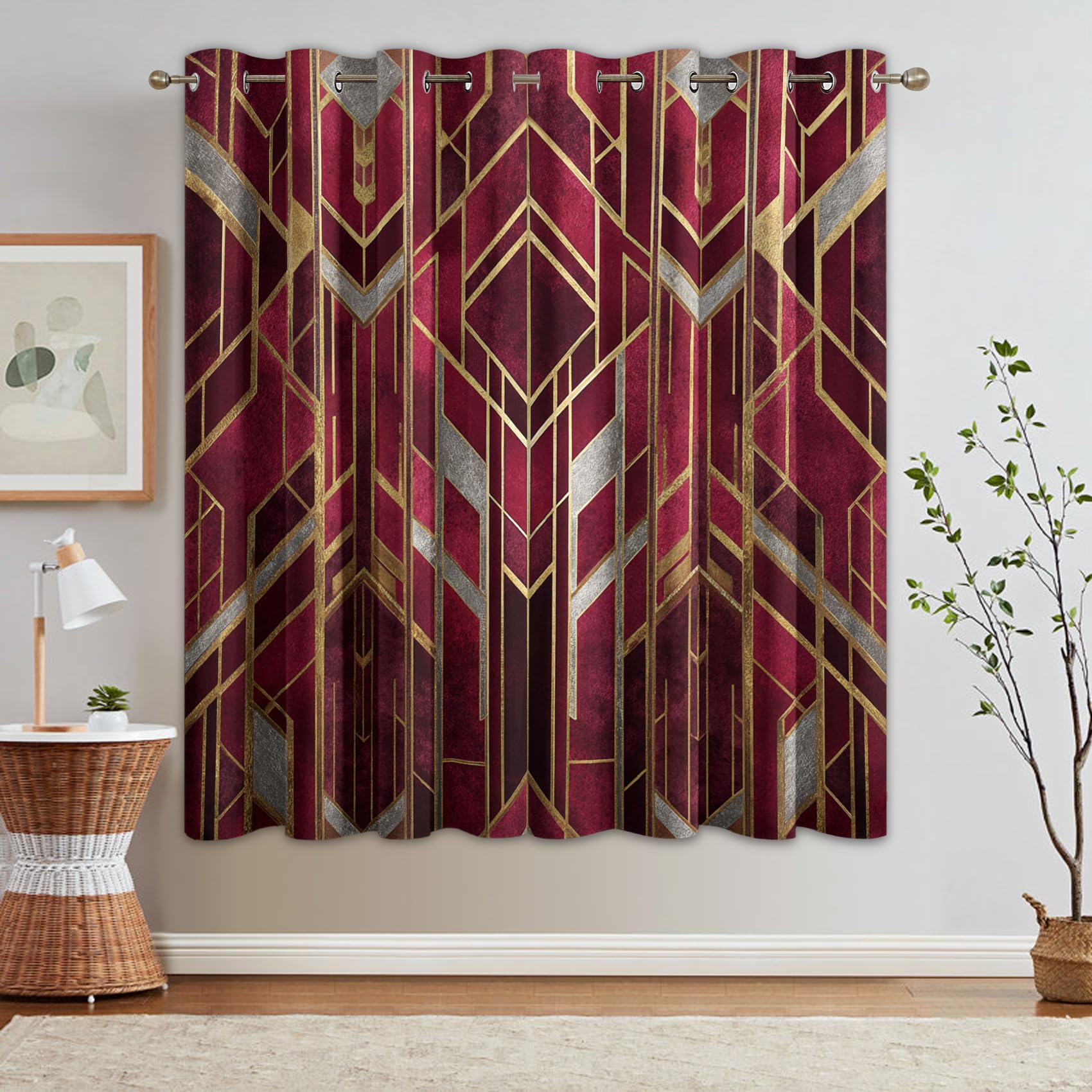Rideau Occultant Géométrique Doré Bordeaux, Ancien Moderne Motif Rideaux Thermiques à Oeillets, Rideaux Imprimé pour Salon Chambre Fenetre Moderne Décoration, 140x240 cm (L x H), Lot de 2, D#420