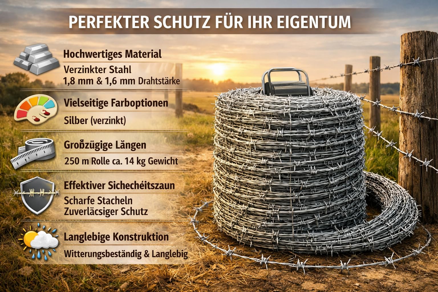 Stacheldraht Rolle verzinkt | 250m Sicherheitszaun für Garten & Grundstück | 1,6-1,8 mm Drahtstärke, 4-spitzig & rostbeständig