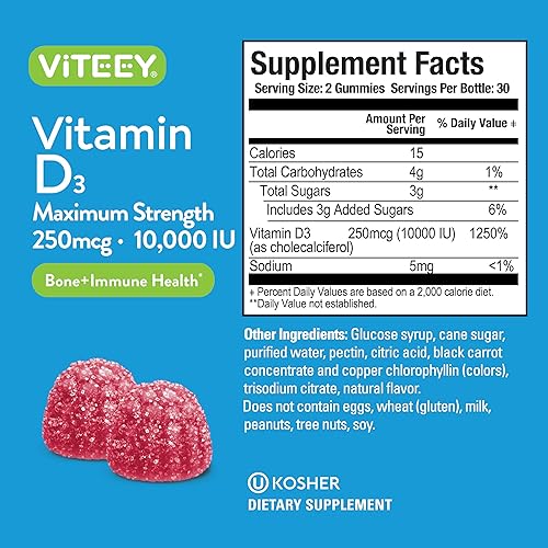 Miniatura 4 de Viteey Gomitas de vitamina D3 para adultos y adolescentes, 10,000 UI, 250 mcg, máxima fuerza, salud de las articulaciones y los músculos, refuerzo